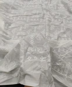 White Color Floral Print on Cotton Embroidered Dress Material Fabric