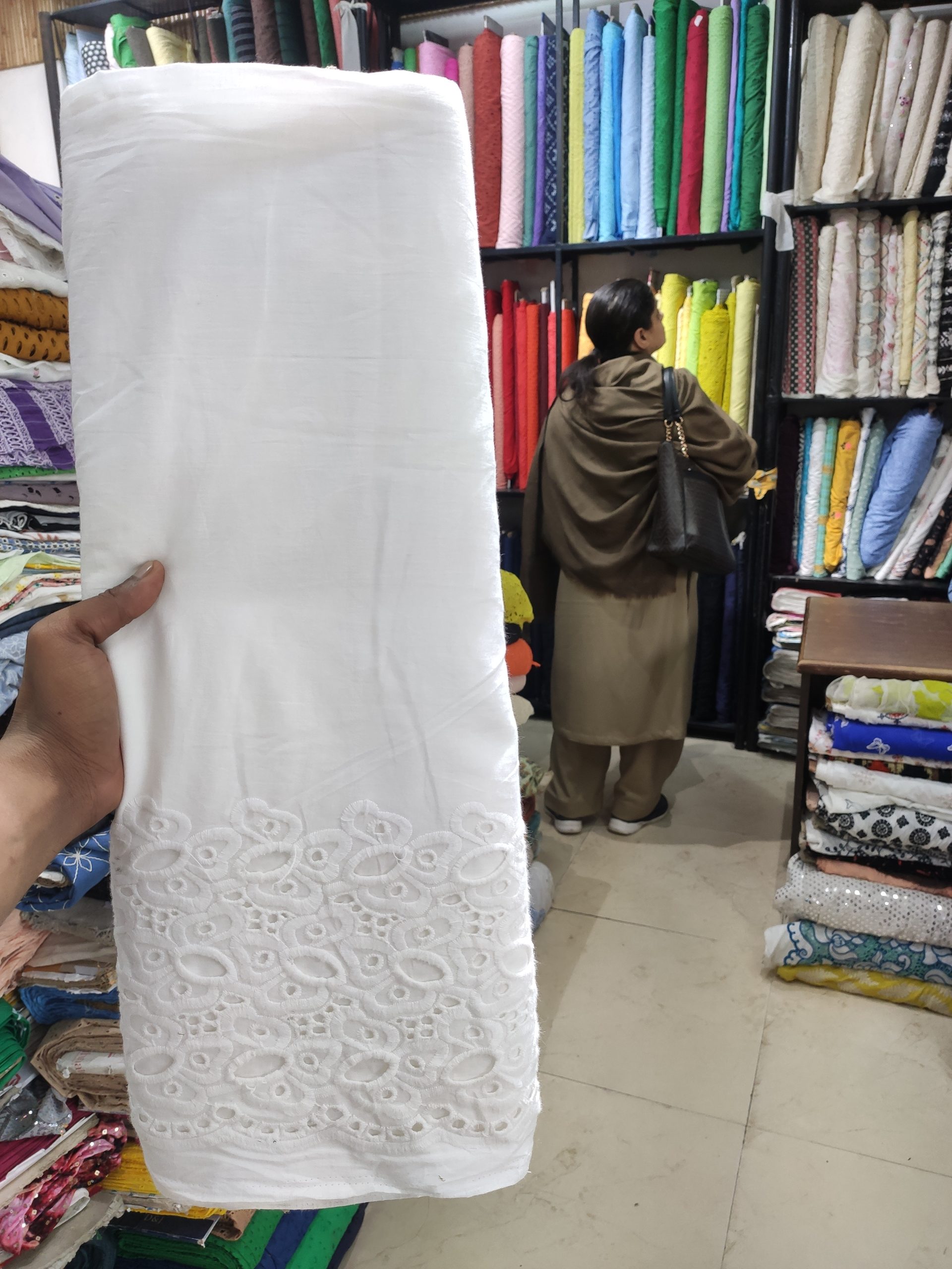 White color Cotton Cambric Embroidery Dyeable fabric for Women's Kurta(One-sided Border) - Image 2