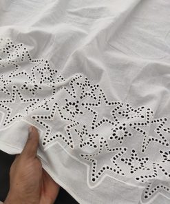 White Color Star Print on Cotton Embroidered Dress Material Fabric