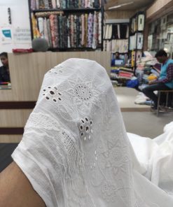 White Color Floral Print on Cotton Embroidered Dress Material Fabric