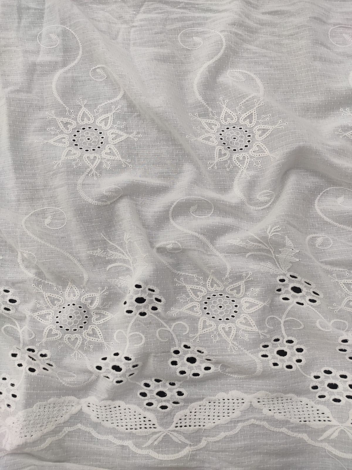 White Color Floral Print on Cotton Embroidered Dress Material Fabric