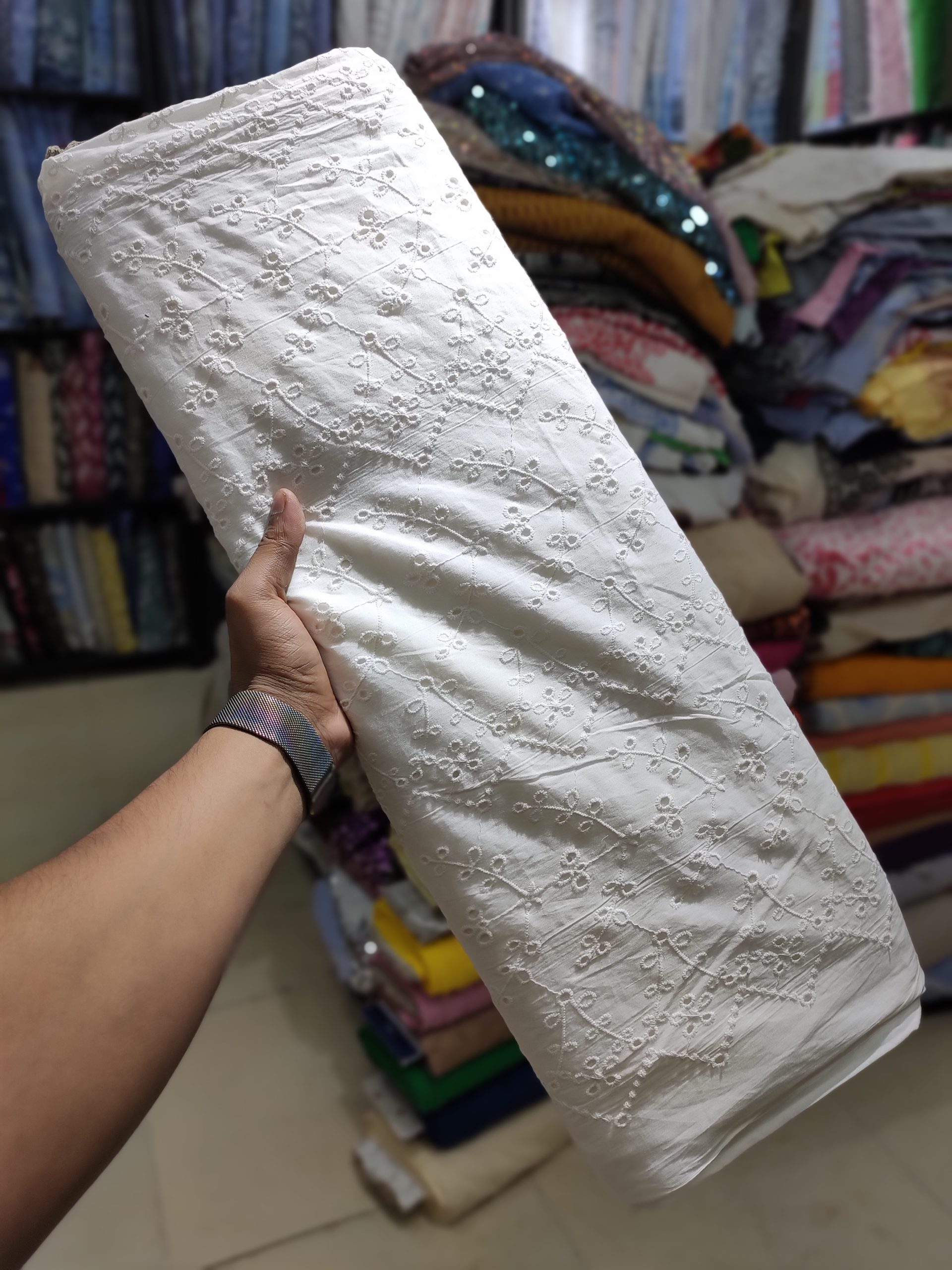 White Color Cotton Hakoba Embroidery Fabric For Women's Top - Image 2