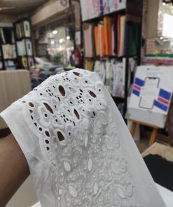 White color Cotton Cambric Embroidery Dyeable fabric for Women's Kurta(One-sided Border)