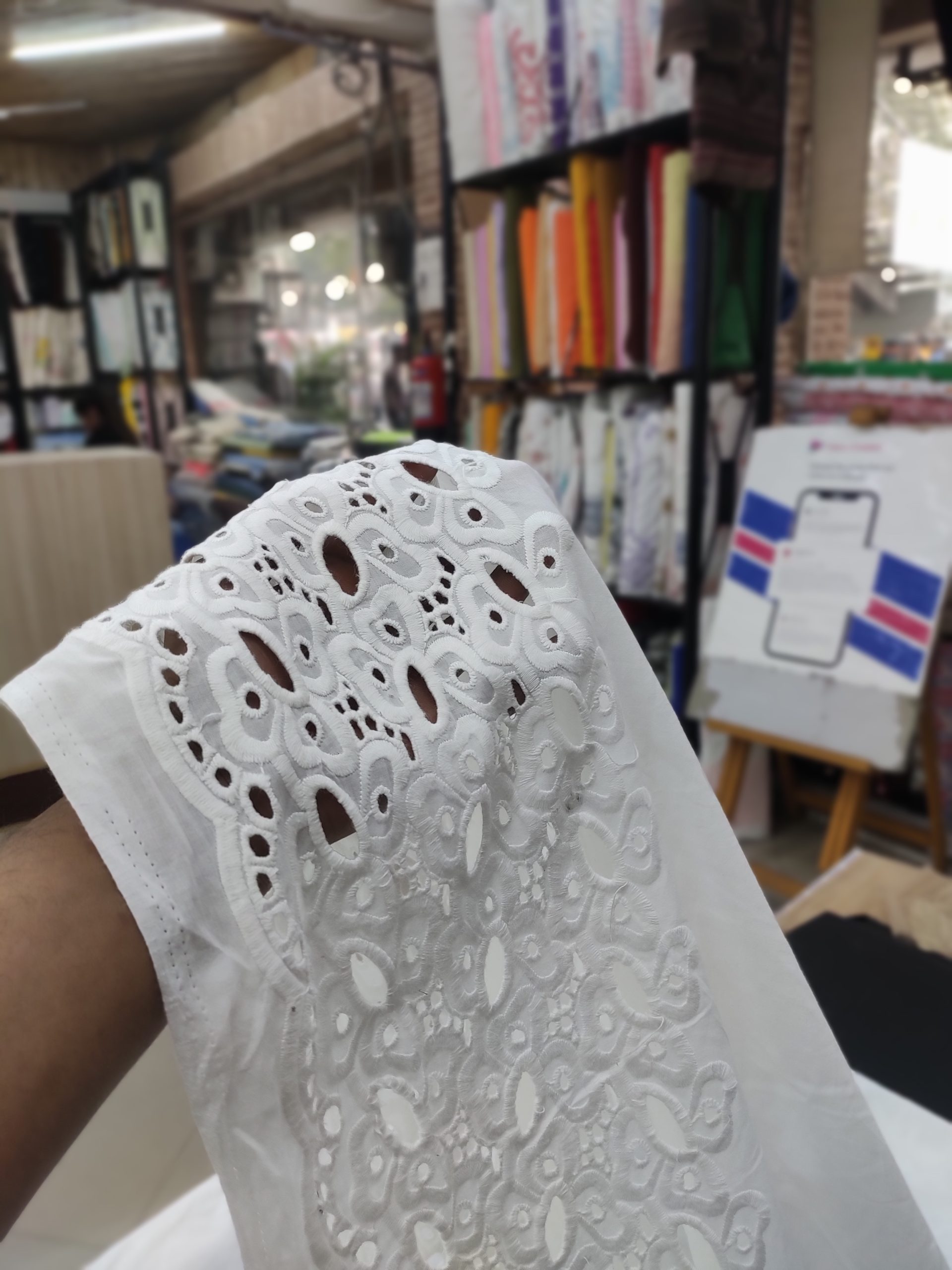 White color Cotton Cambric Embroidery Dyeable fabric for Women's Kurta(One-sided Border)