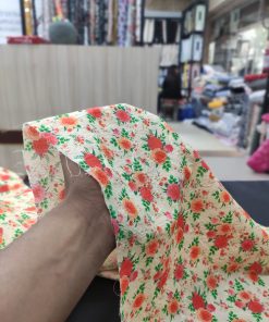 Light Yellow Floral Print on Cotton Embroidery Dress Material Fabric