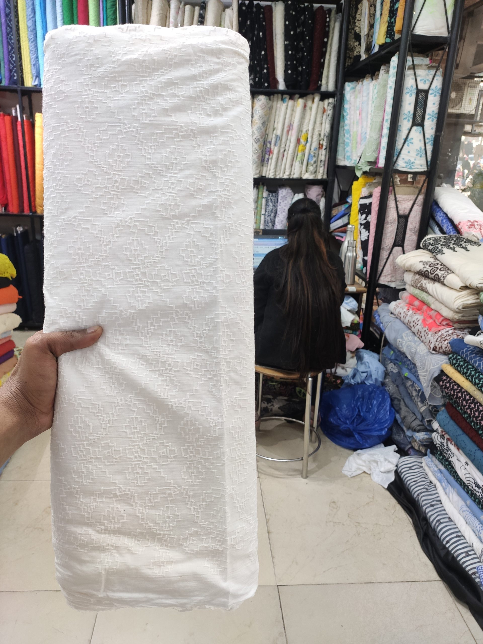 White Color Cotton Embroidered Dress Material Fabric - Image 2