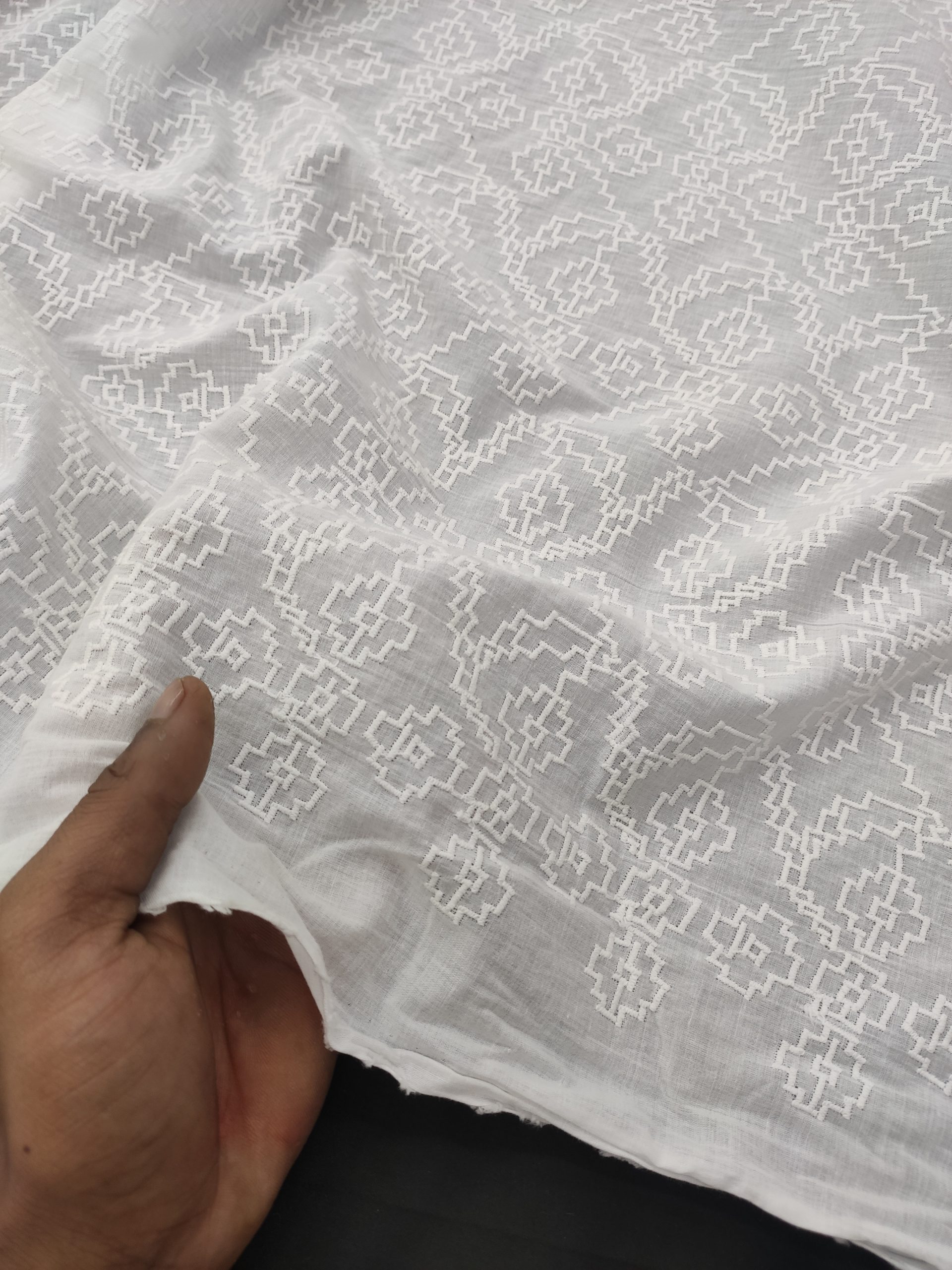 White Color Cotton Embroidered Dress Material Fabric