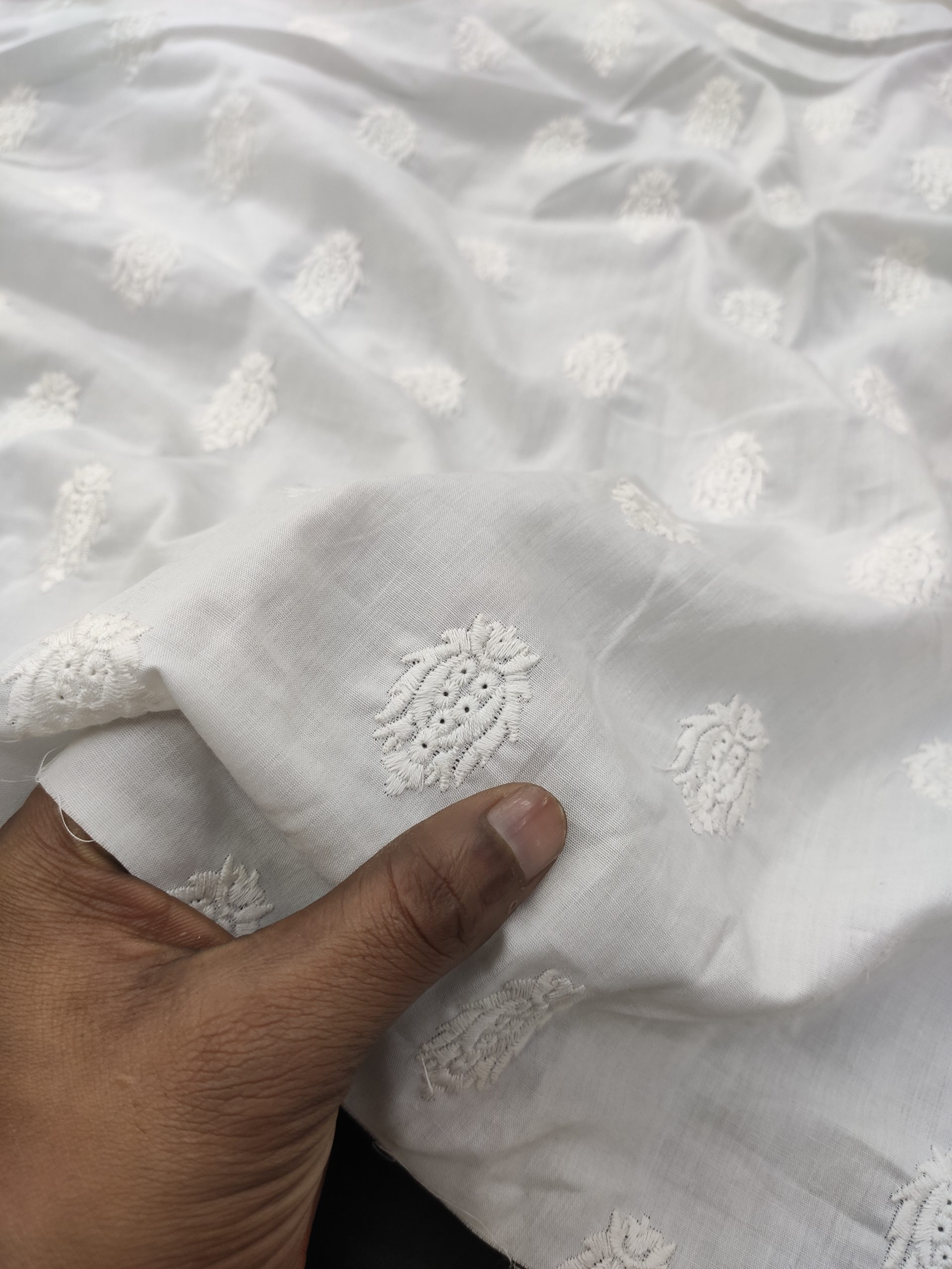 White Color Printed Design on Cotton Poplin Embroidered Dress Material Fabric