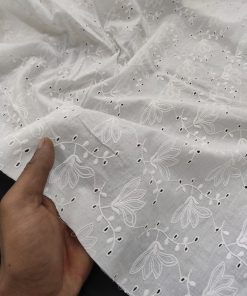 White Color All Over Floral Design Cotton Embroiderd Chikankari Fabric Dress Material (Eyelet Fabric)