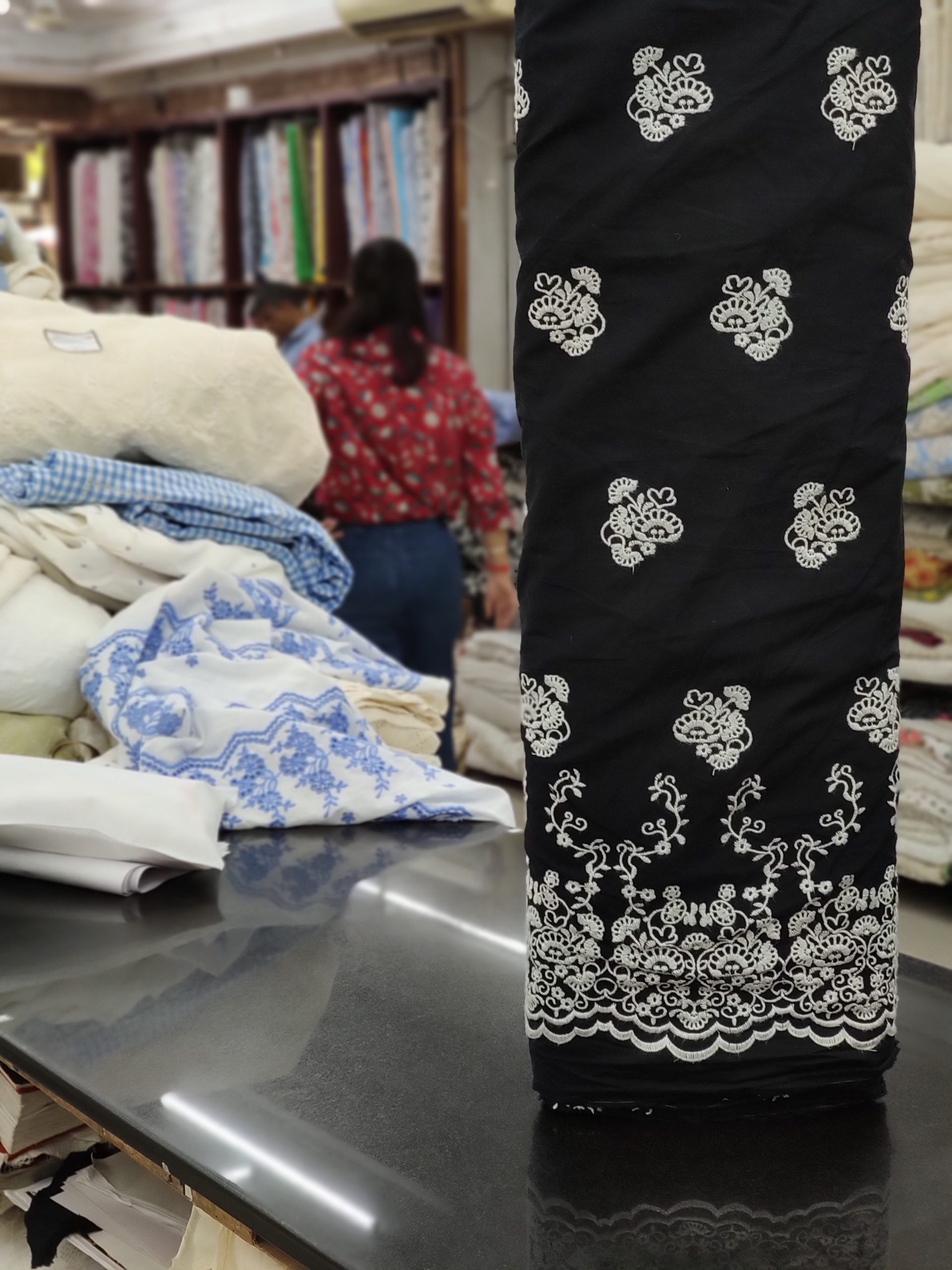 Black base White Embroidery Cotton Poplin Border Boota fabric for Women's Dress - Image 2