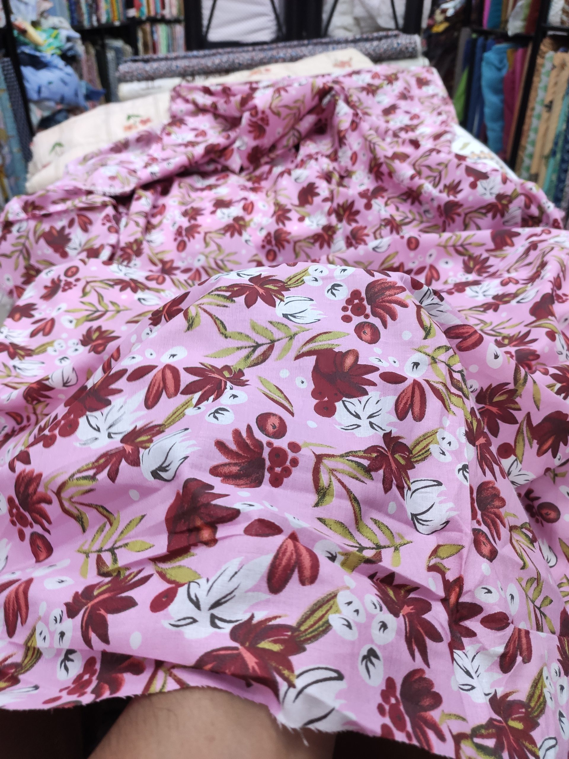 Pink base color Floral print on Cotton Cambric fabric for Women's Maxi Dress