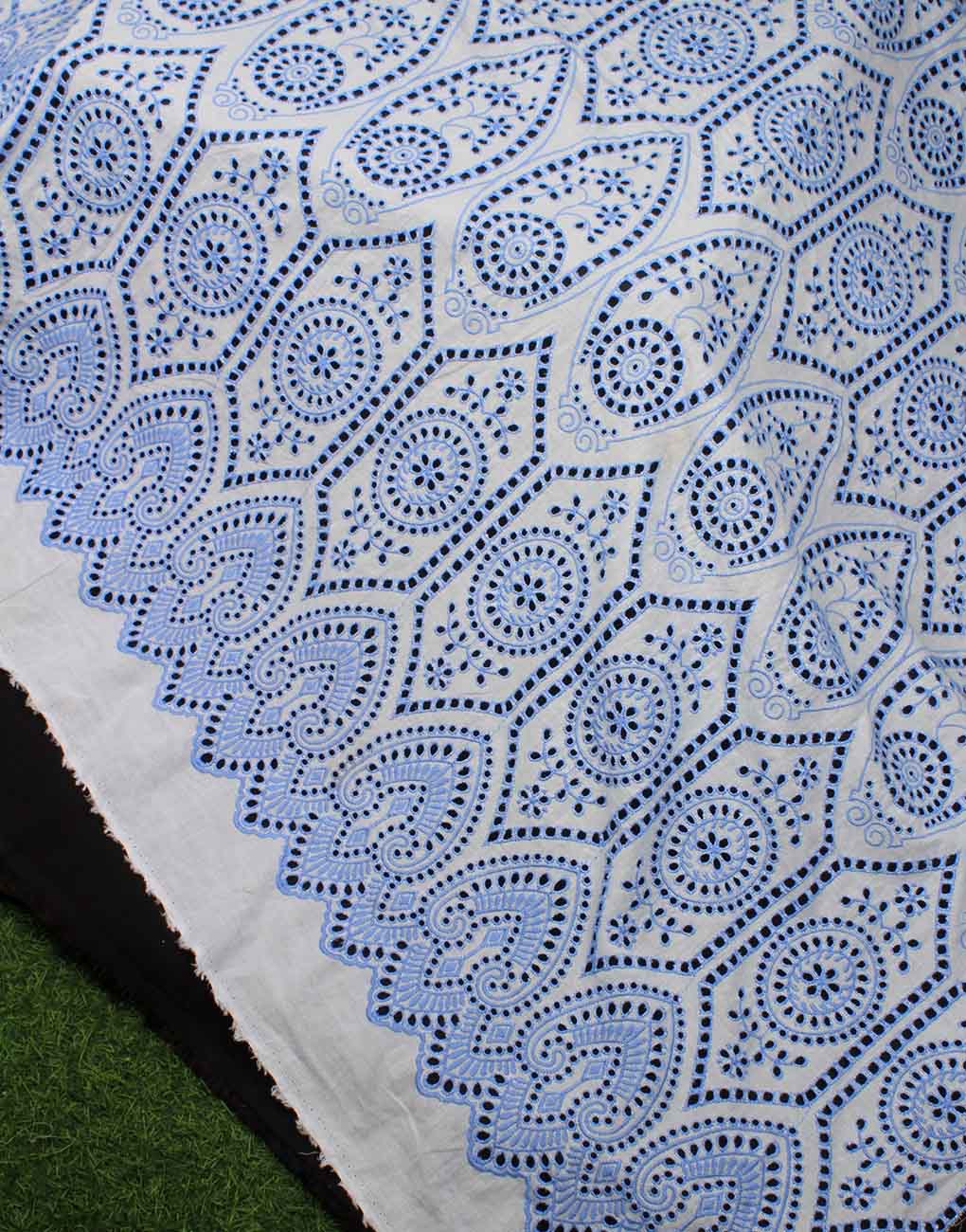 Off White Base Color Blue Embroidery on Cotton Hakoba Fabric For Women's Summer Dress - Image 7