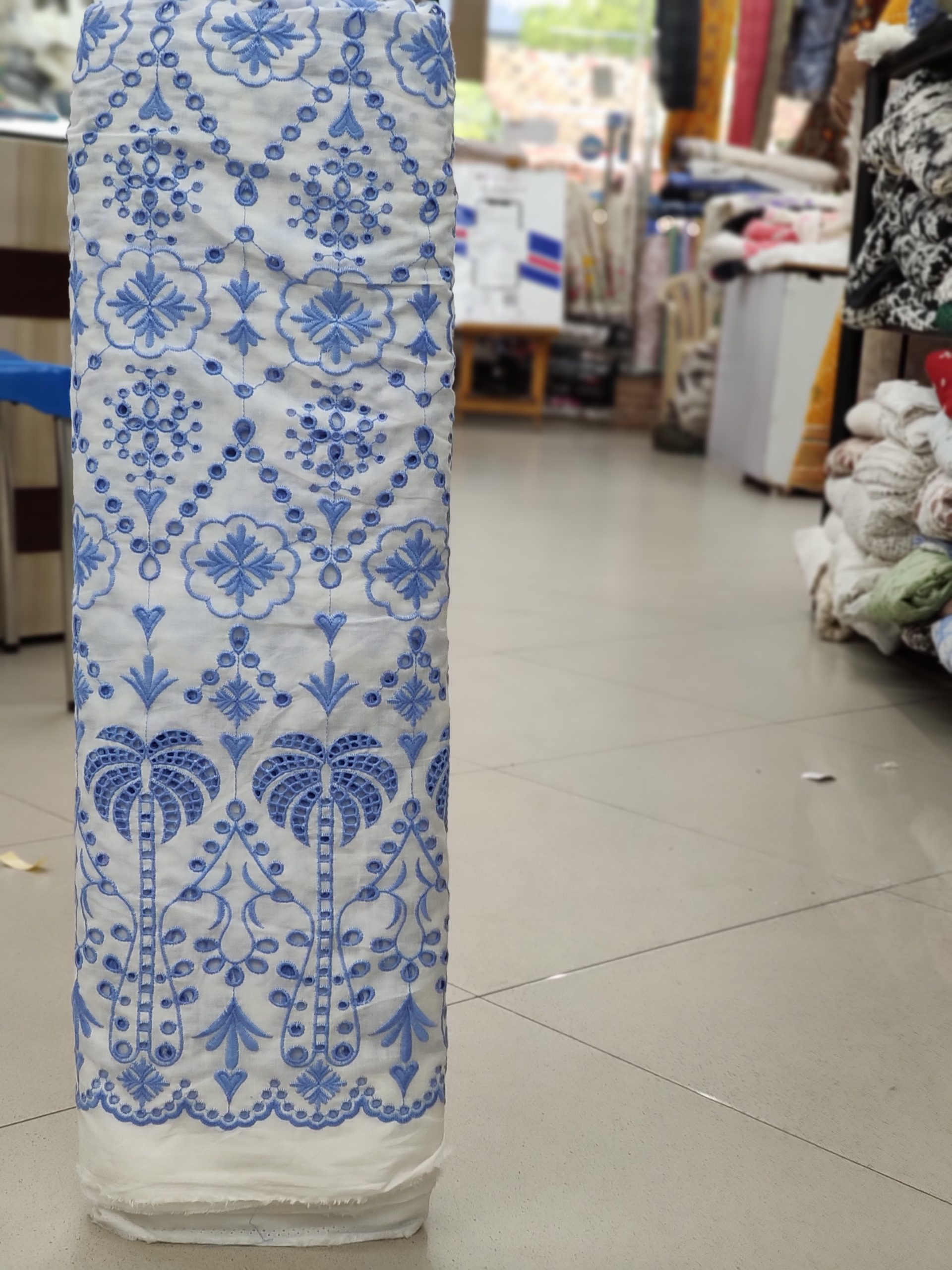 White Base Color Blue Embroidery on Cotton Hakoba Fabric For Women's Kurti - Image 2