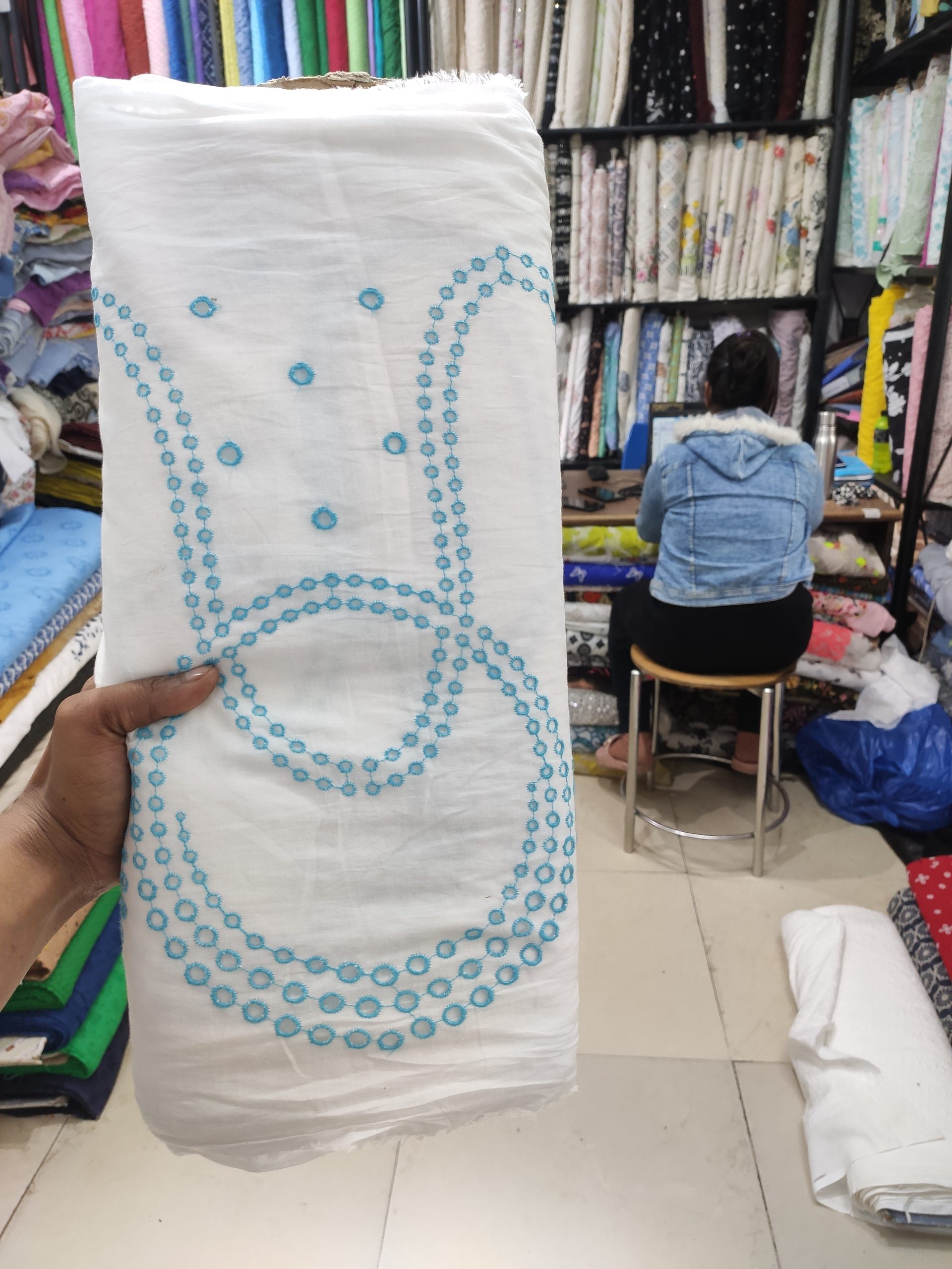 White Base Color Blue Embroidery on Cotton Hakoba Fabric For Women's Kurta - Image 2