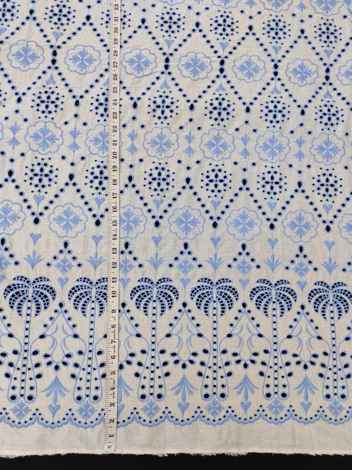 White Base Color Blue Embroidery on Cotton Hakoba Fabric For Women's Kurti