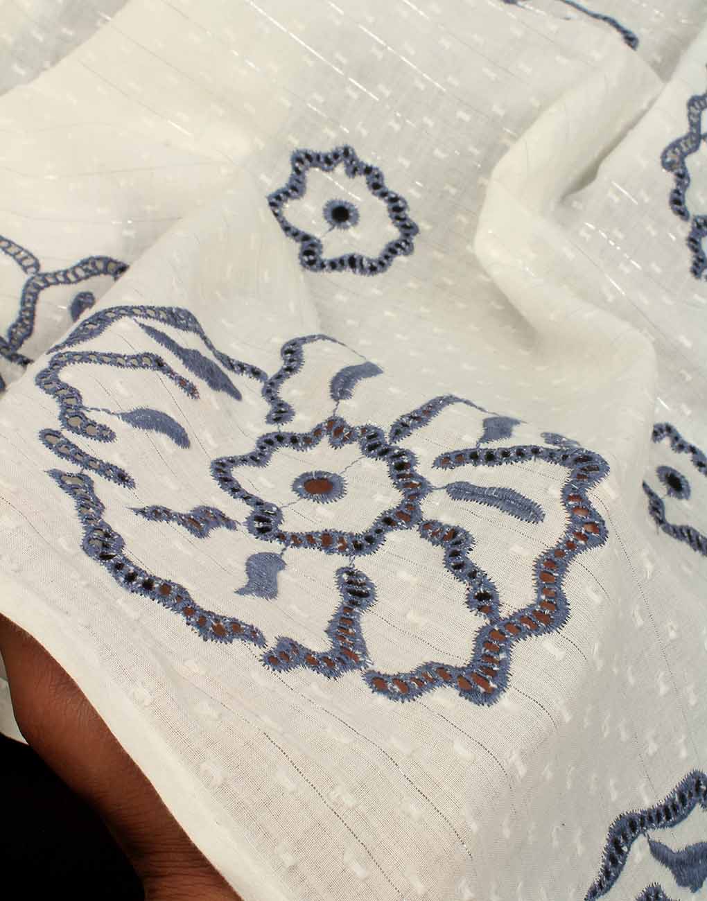 White Base Color Black Cotton Hakoba Embroidery Fabric For Women's Top - Image 4