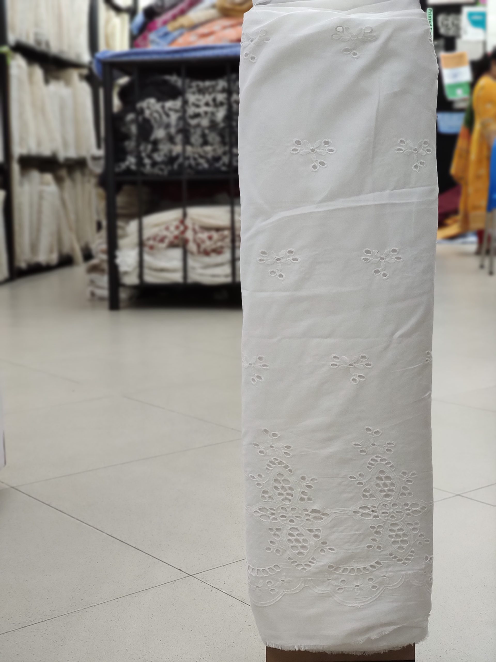 White Color Cotton Hakoba Embroidery Fabric For Women's Kurti - Image 2
