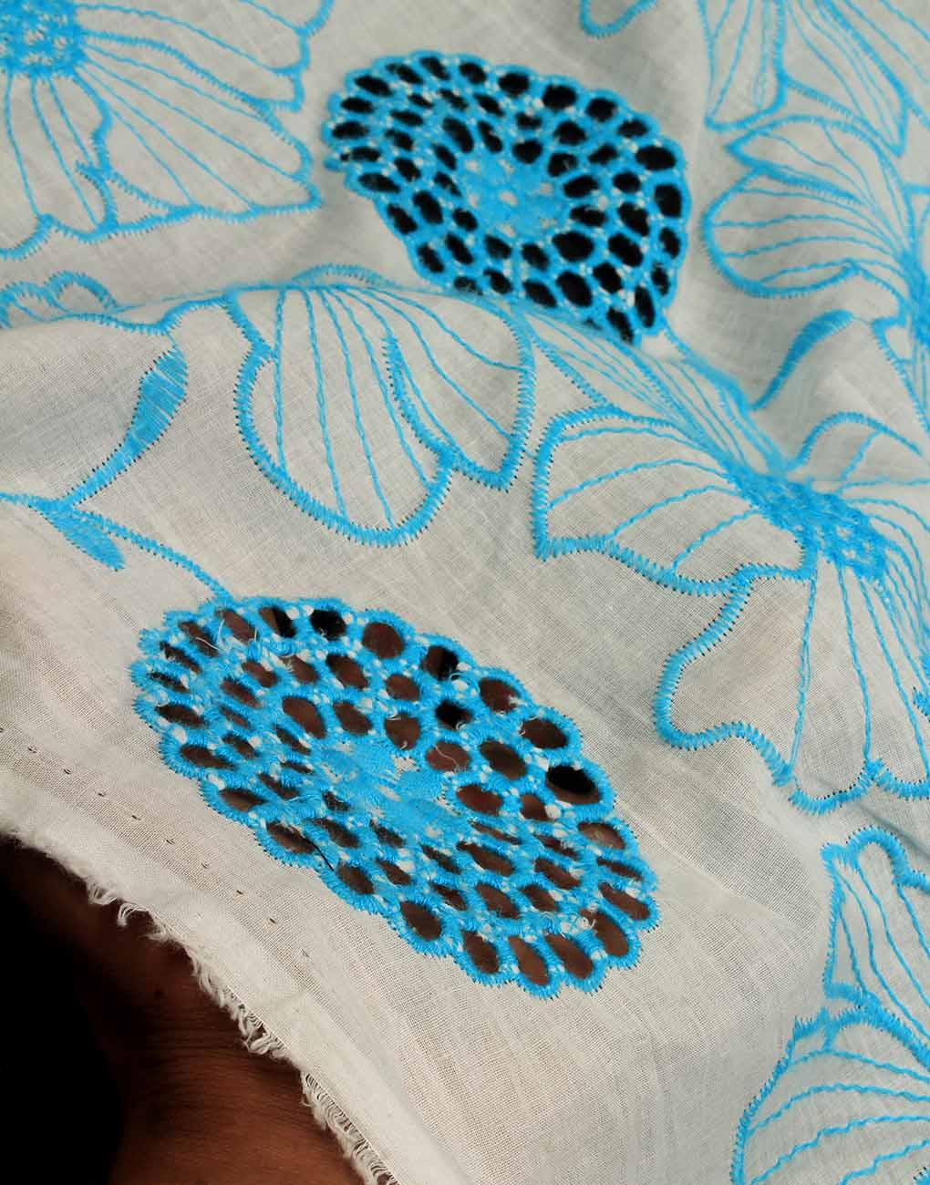 White Base Color Blue Embroidery on Cotton Hakoba Fabric For Women's Kurta - Image 6