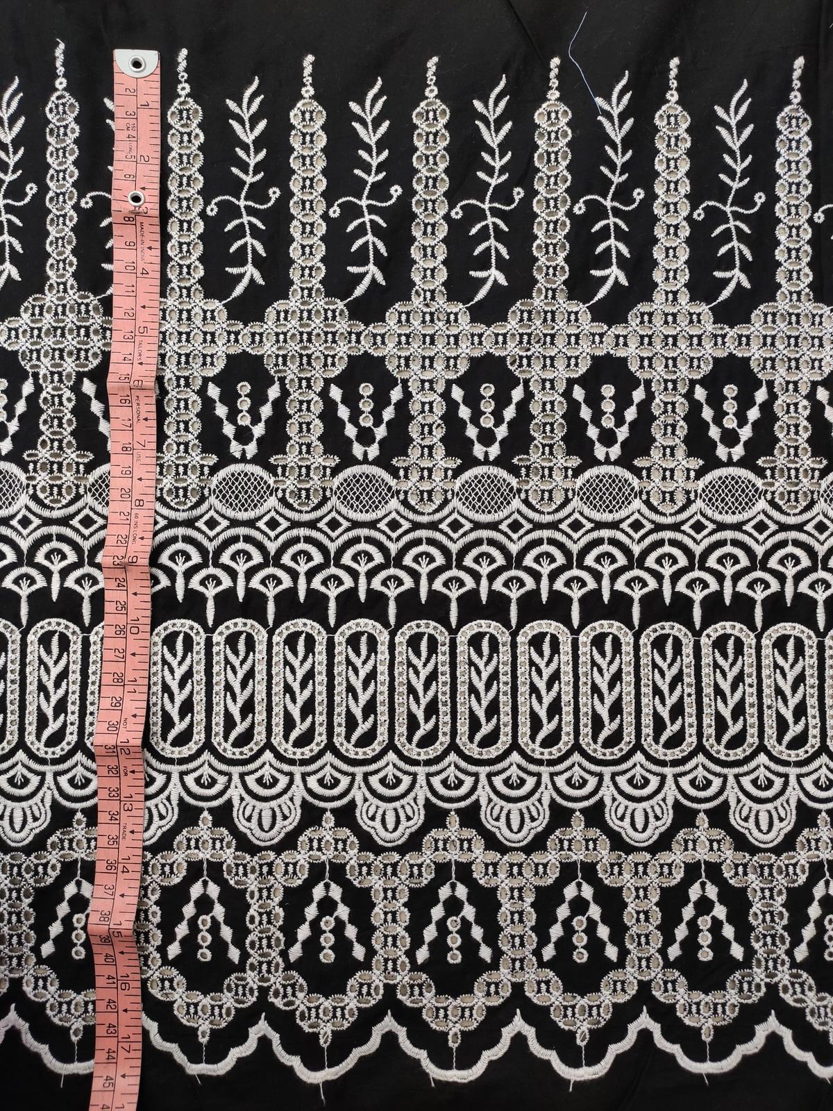 Black Base Color White Cotton Hakoba Embroidery Fabric For Women's Long Dress