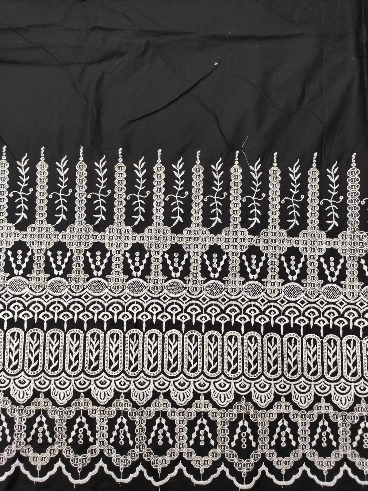 Black Base Color White Cotton Hakoba Embroidery Fabric For Women's Long Dress