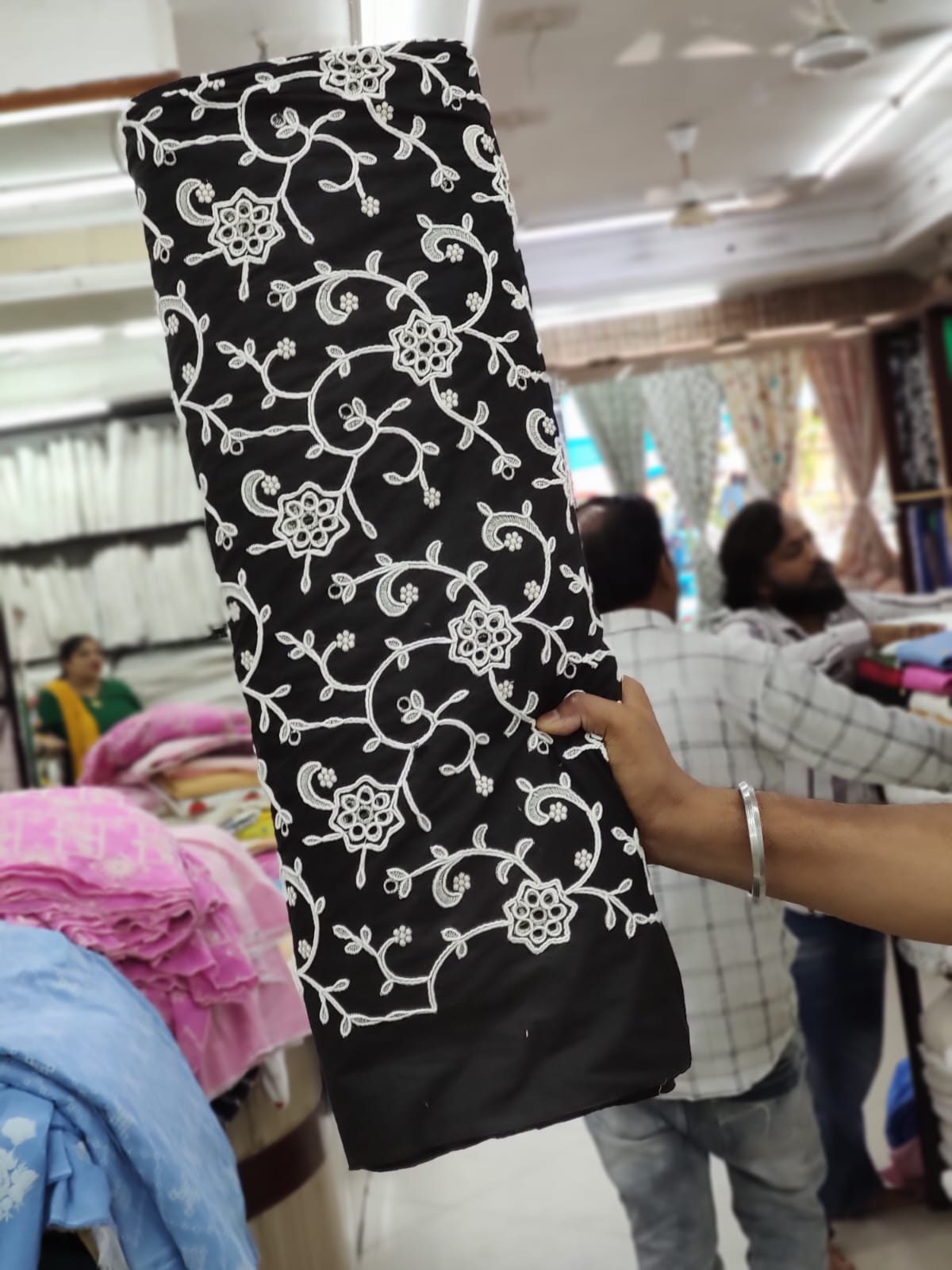 Black Color Cotton Hakoba Embroidery Fabric For Women's Kurta - Image 2