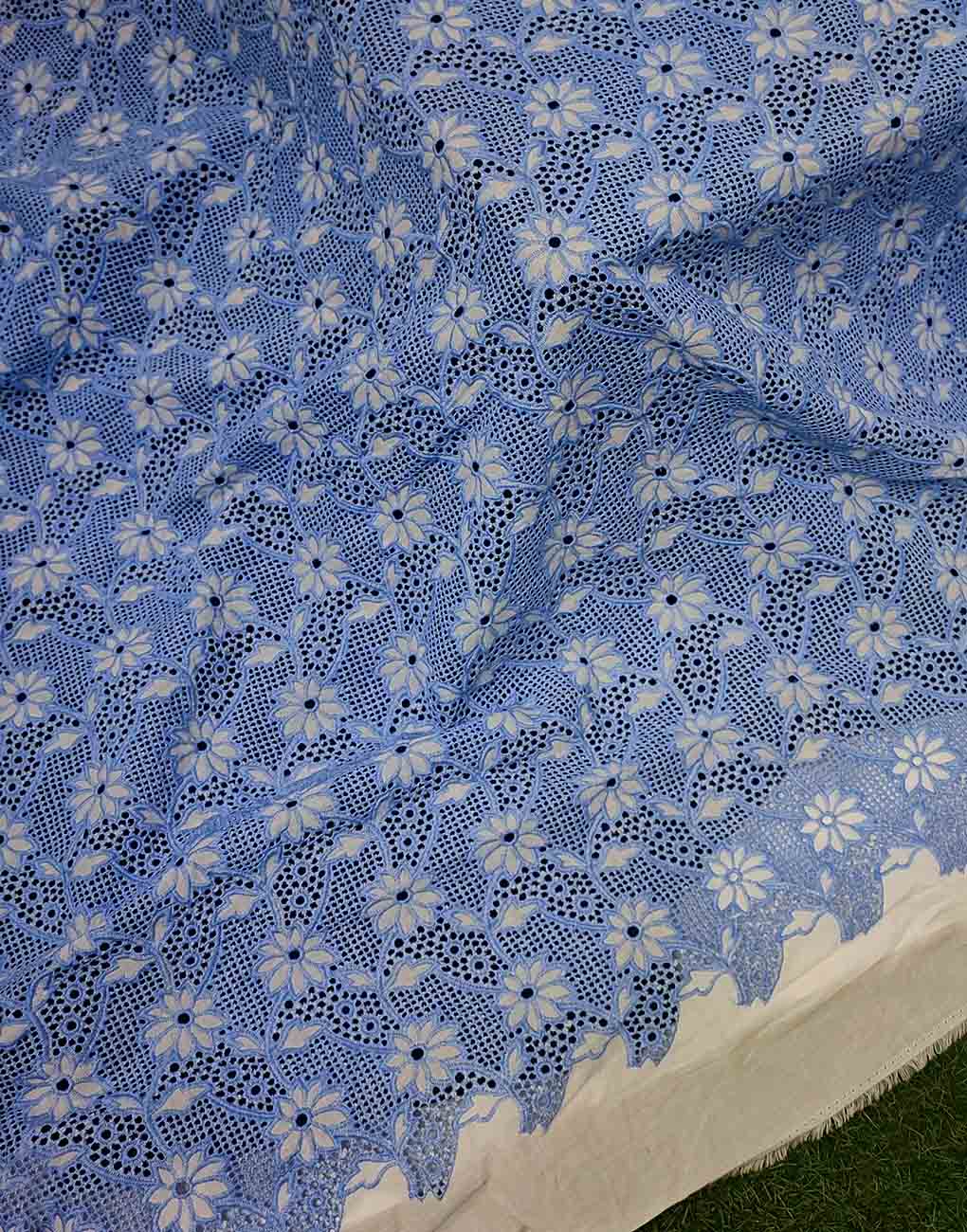 White Cotton Hakoba – Blue Floral Heavy Embroidery - Image 2