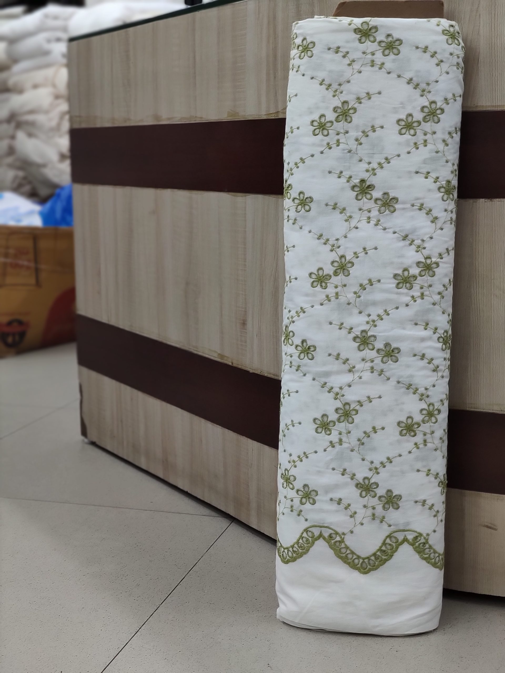 White Cotton Embroidery Fabric – Green All Over Design - Image 2