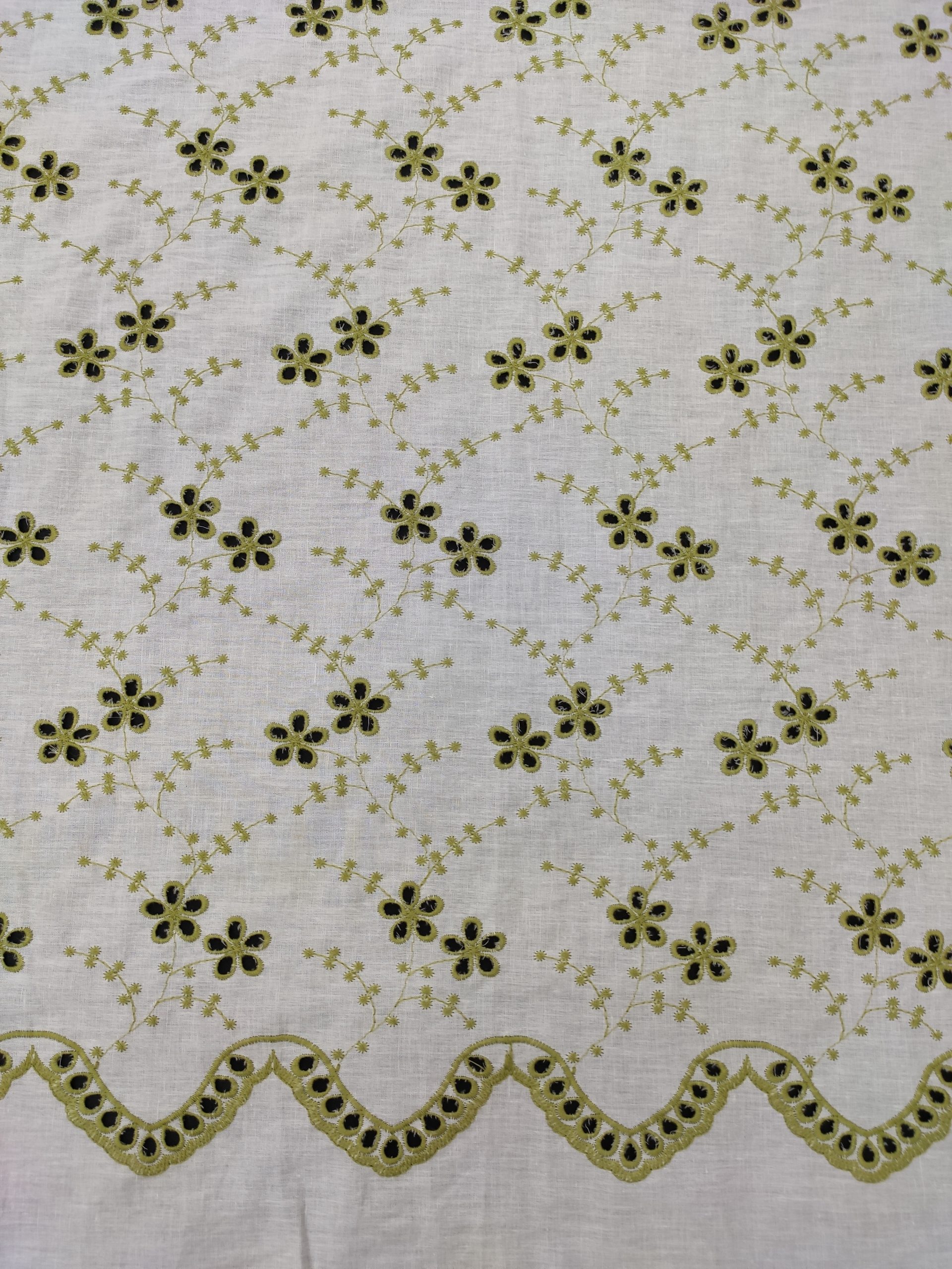 White Cotton Embroidery Fabric – Green All Over Design - Image 4