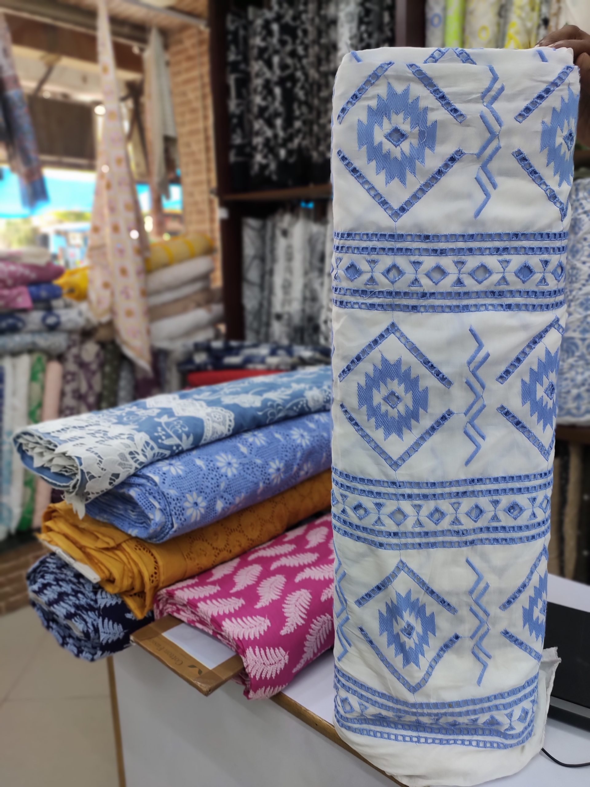 White Cotton Embroidery Fabric – Big Blue Motif All Over Design - Image 2