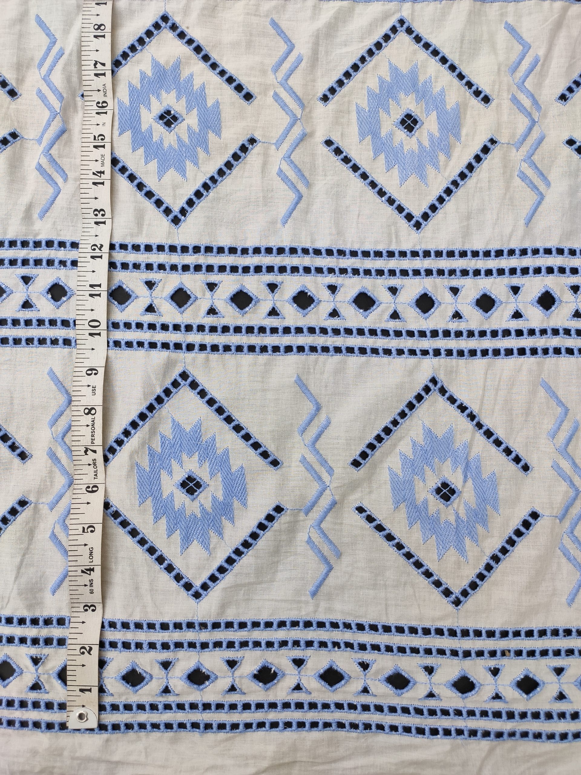 White Cotton Embroidery Fabric – Big Blue Motif All Over Design - Image 3