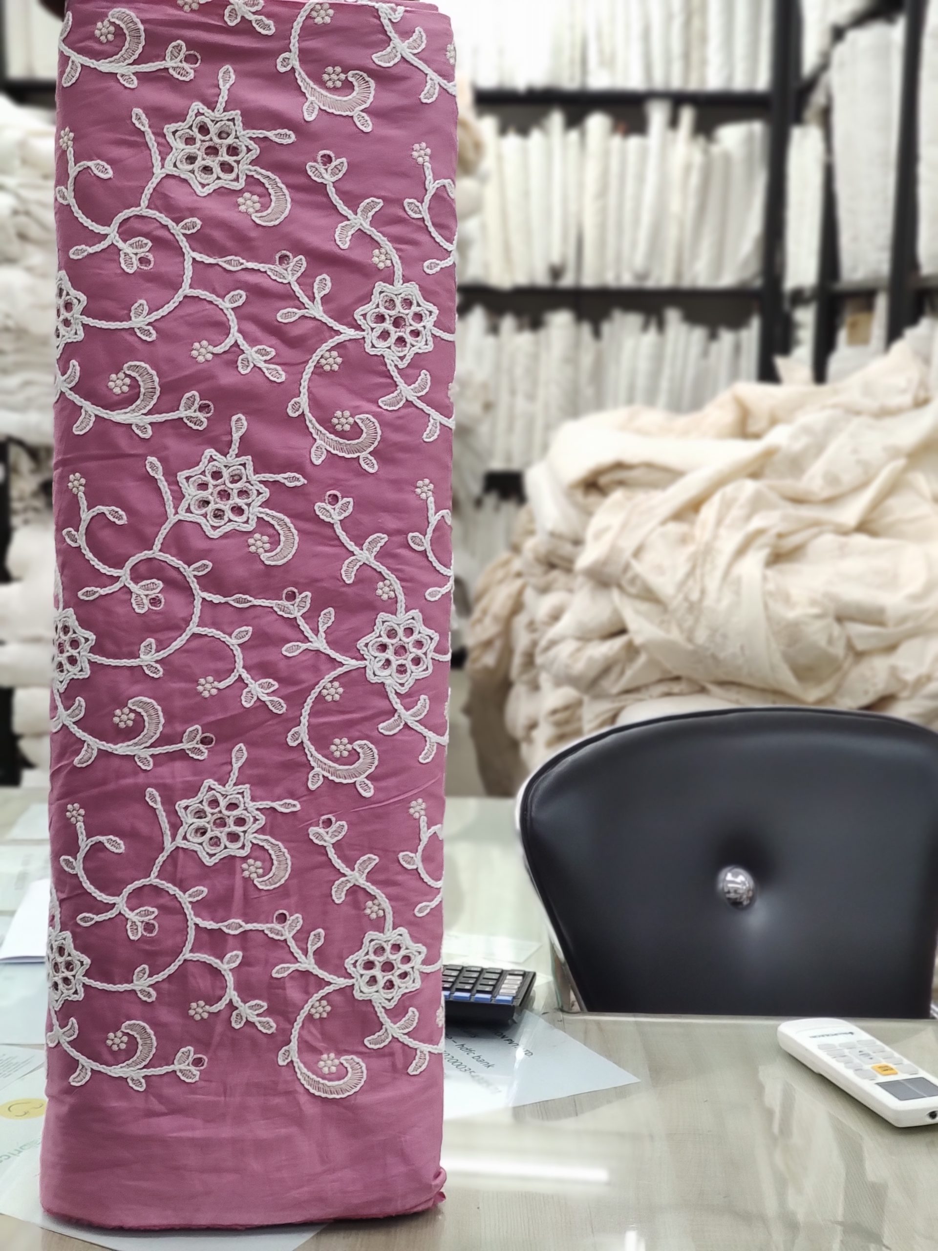Pink Cotton Poplin Fabric – White Small Floral Embroidery - Image 2