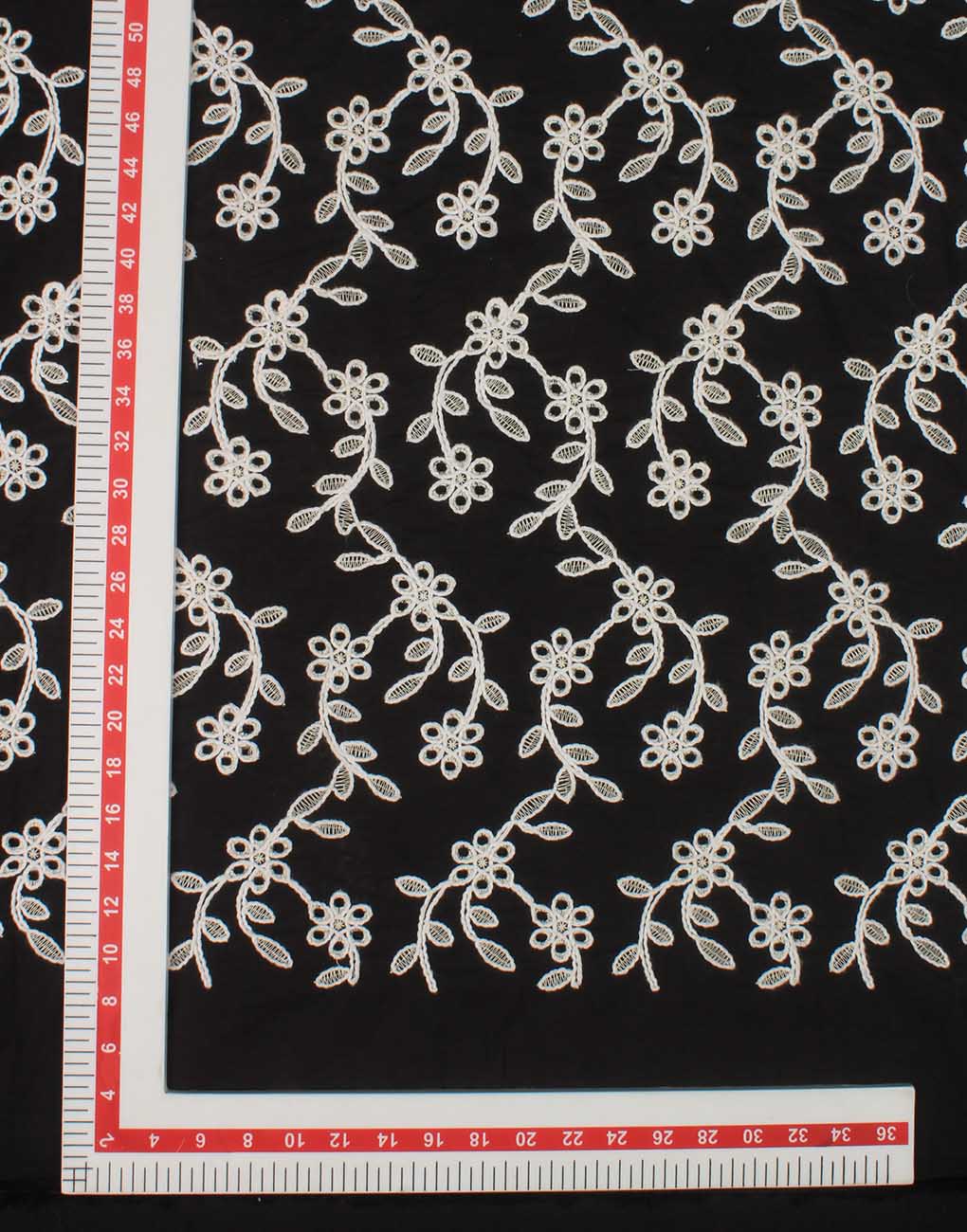 Black Cotton Embroidery Fabric – White All Over Design - Image 3