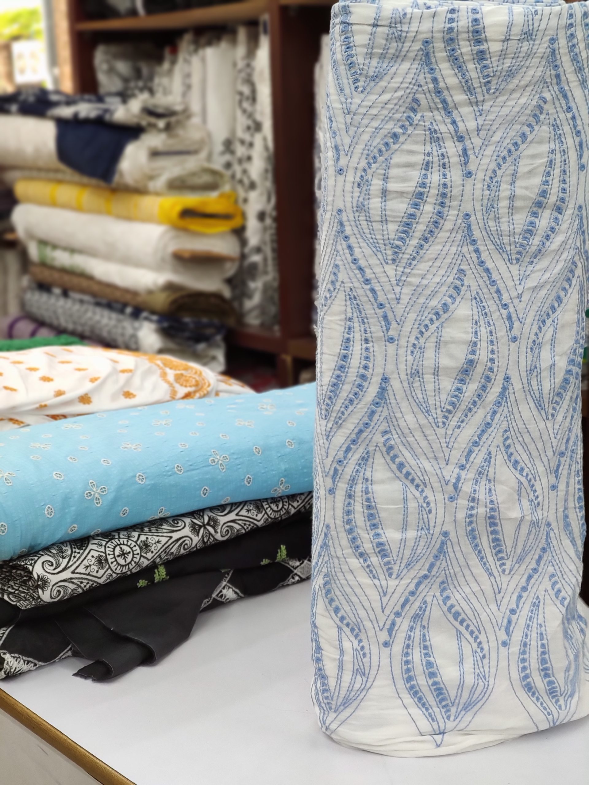 White Cotton Embroidery Fabric – Blue All Over Design - Image 2