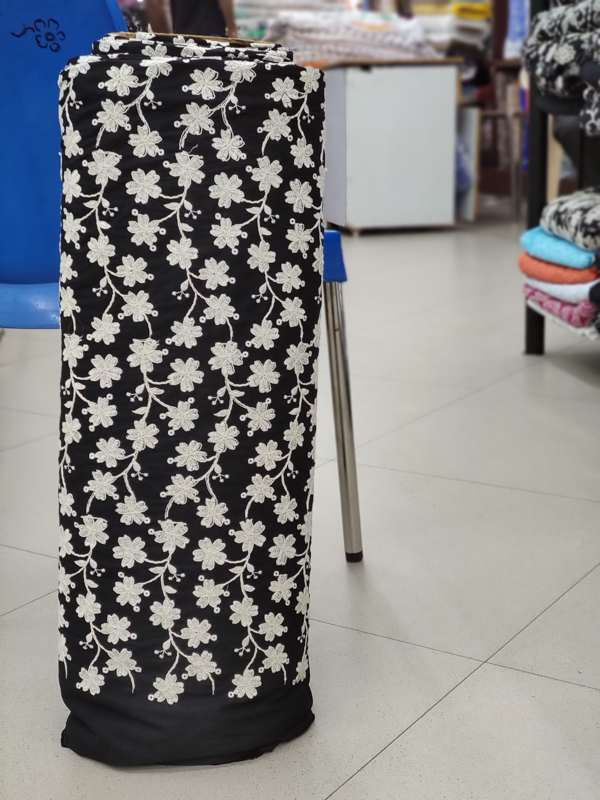Black Cotton Poplin Embroidery Fabric – White All Over Design - Image 2