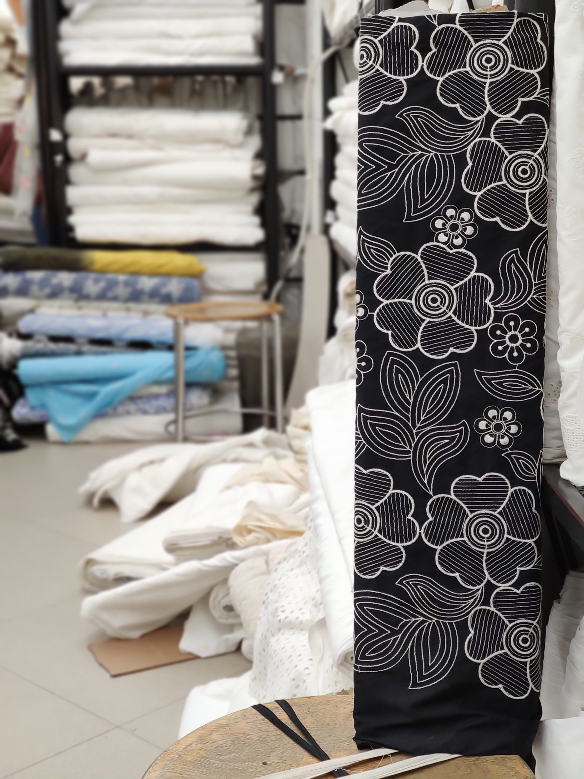 Black Cotton Embroidery Fabric – White Floral All Over Design - Image 2
