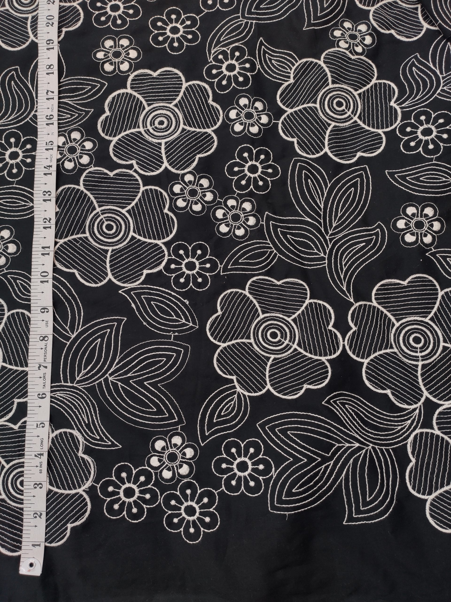 Black Cotton Embroidery Fabric – White Floral All Over Design - Image 3