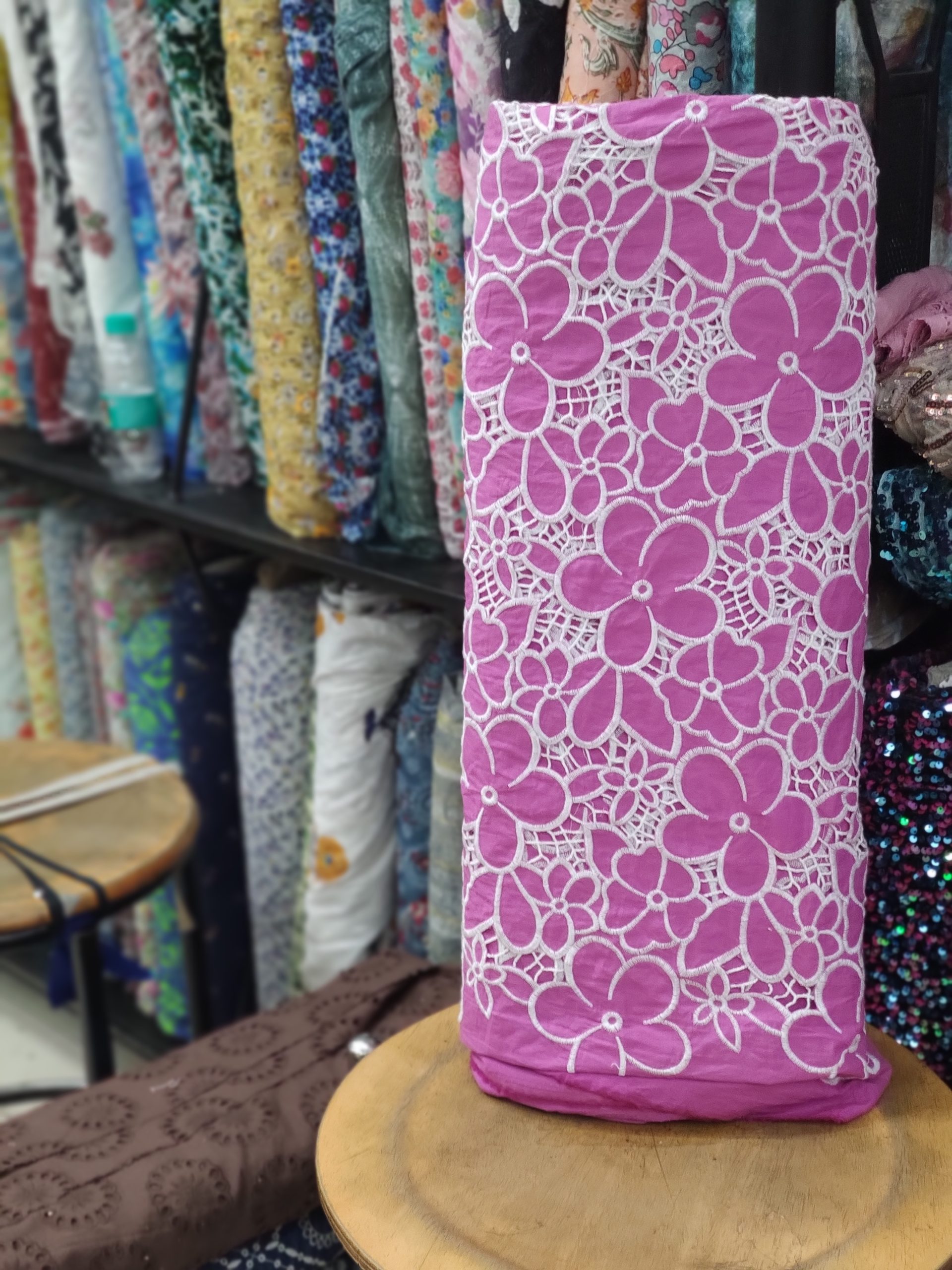Pink Cotton Cutwork Embroidery Fabric – All Over Floral Design - Image 2