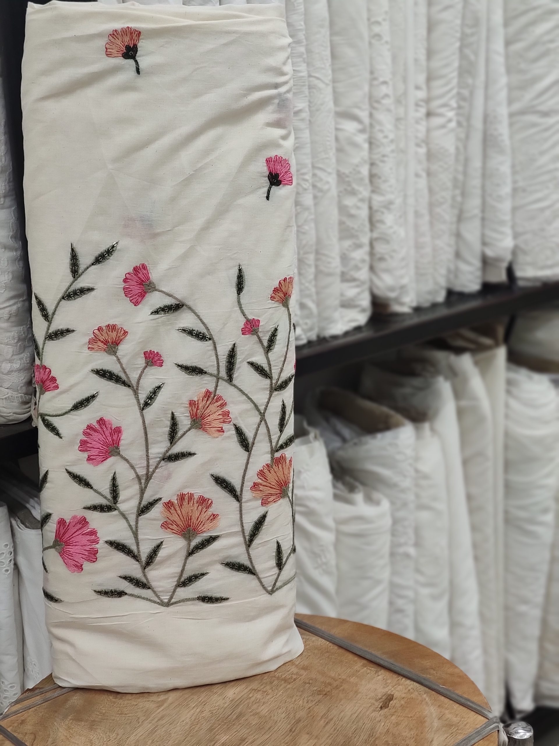 Off-White Cotton Embroidery Fabric – Colorful Small Flowers & Border Design - Image 2