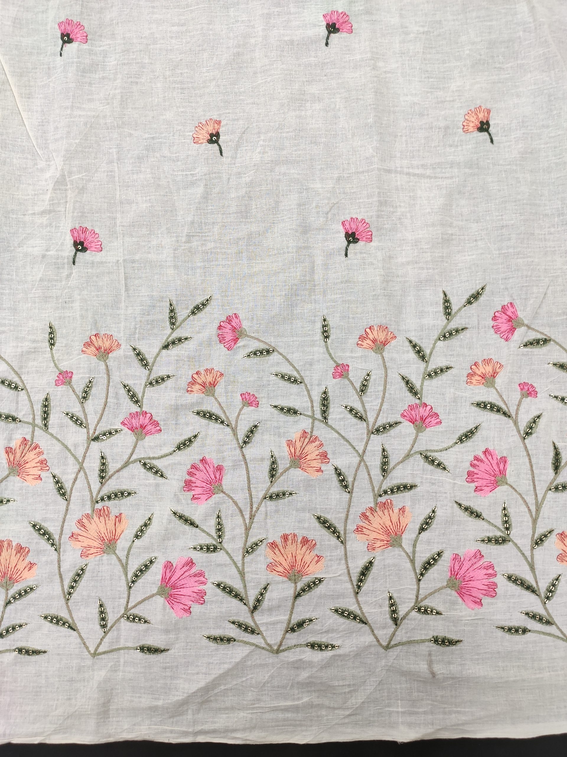 Off-White Cotton Embroidery Fabric – Colorful Small Flowers & Border Design - Image 4