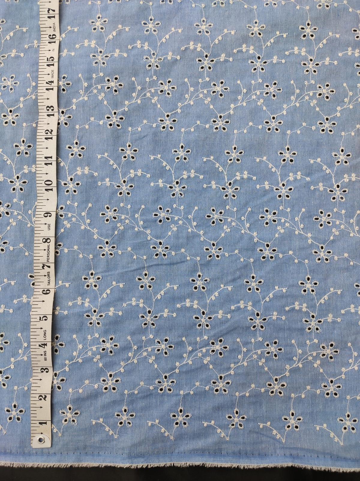 Chambray Blue Cotton Embroidery Fabric – Small Floral All Over Design