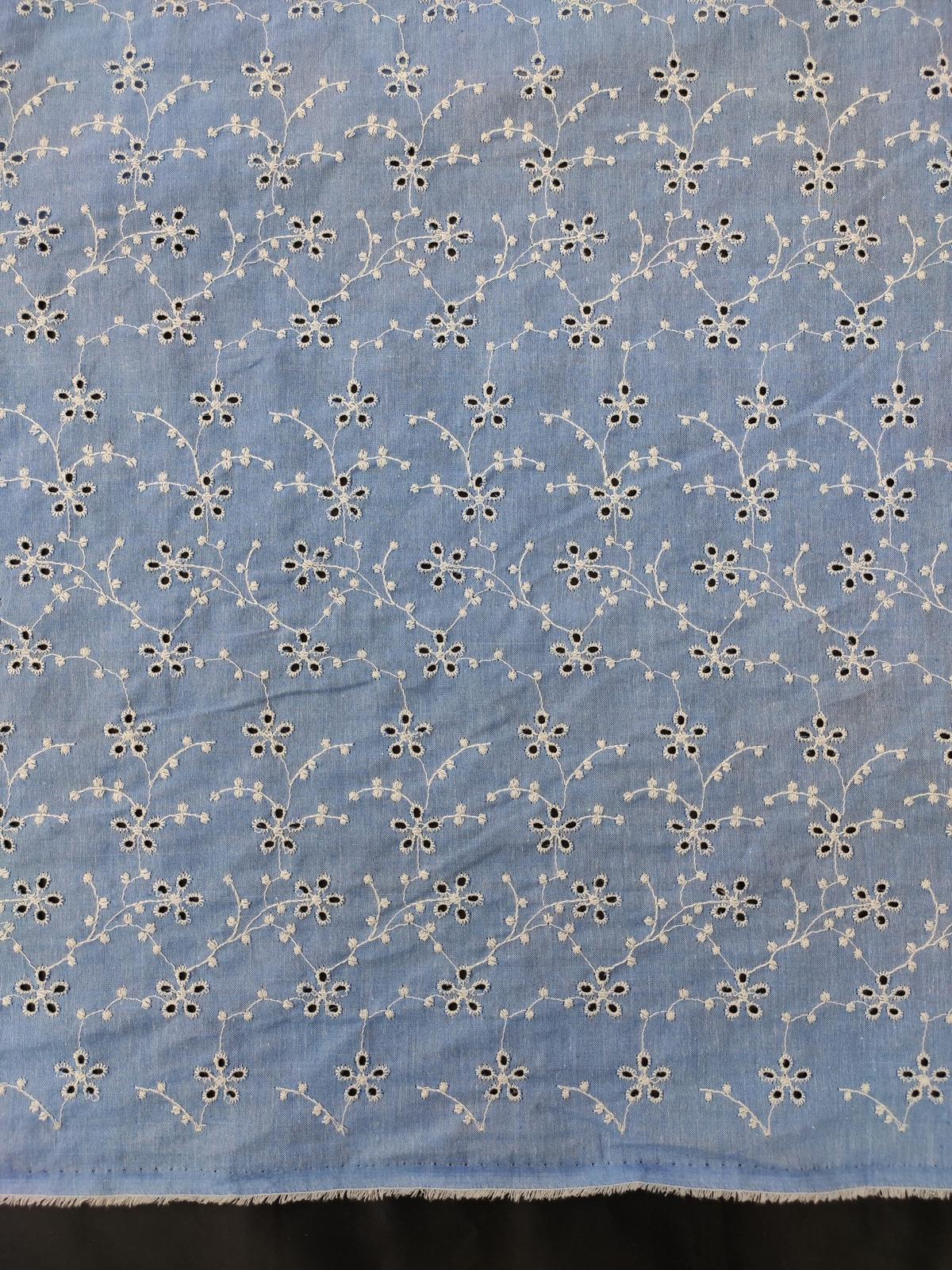 Chambray Blue Cotton Embroidery Fabric – Small Floral All Over Design