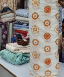 White Cotton Embroidery Fabric – Yellow Circle All Over Design