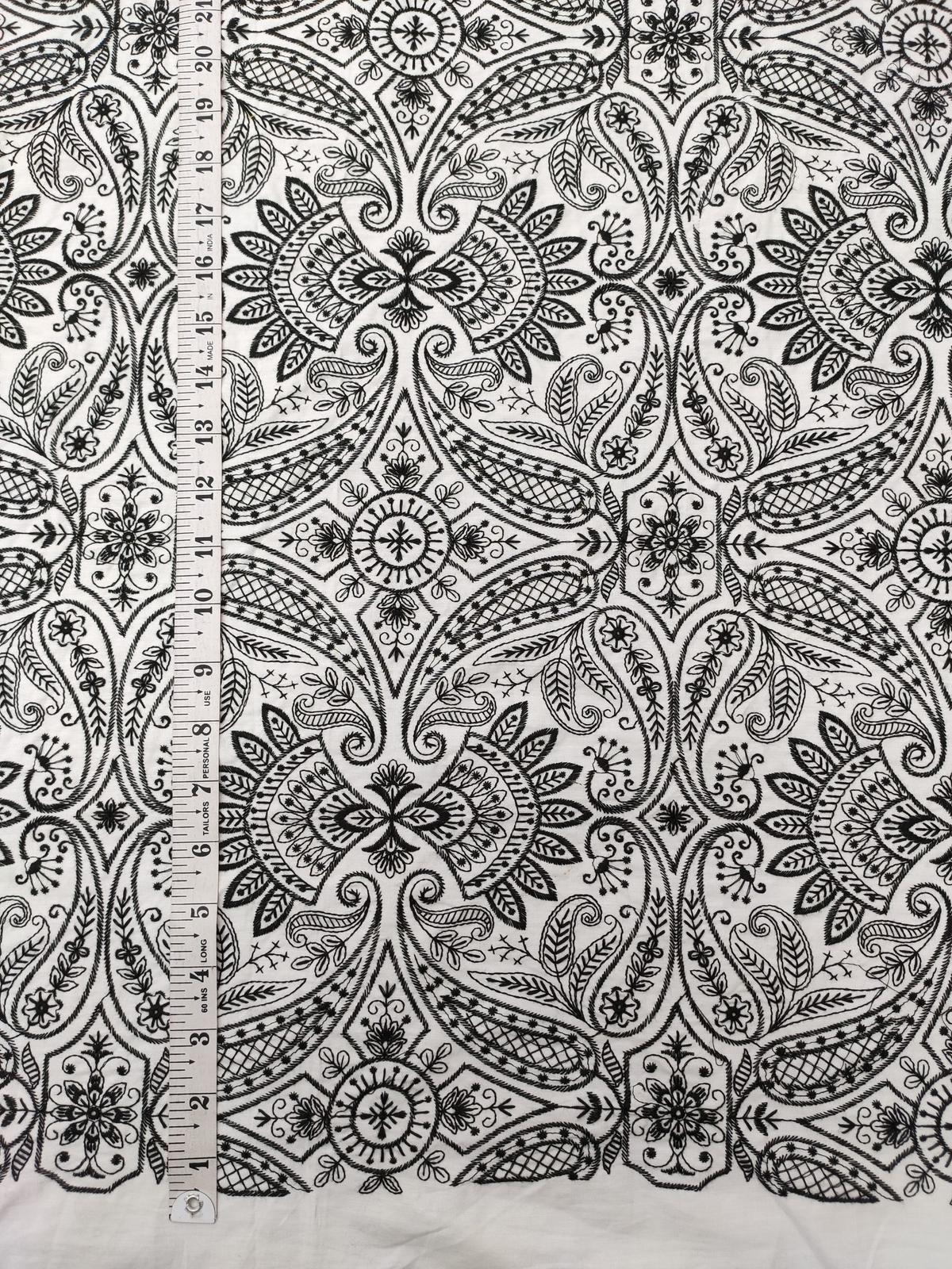 White Cotton Embroidery Fabric – Black All Over Design