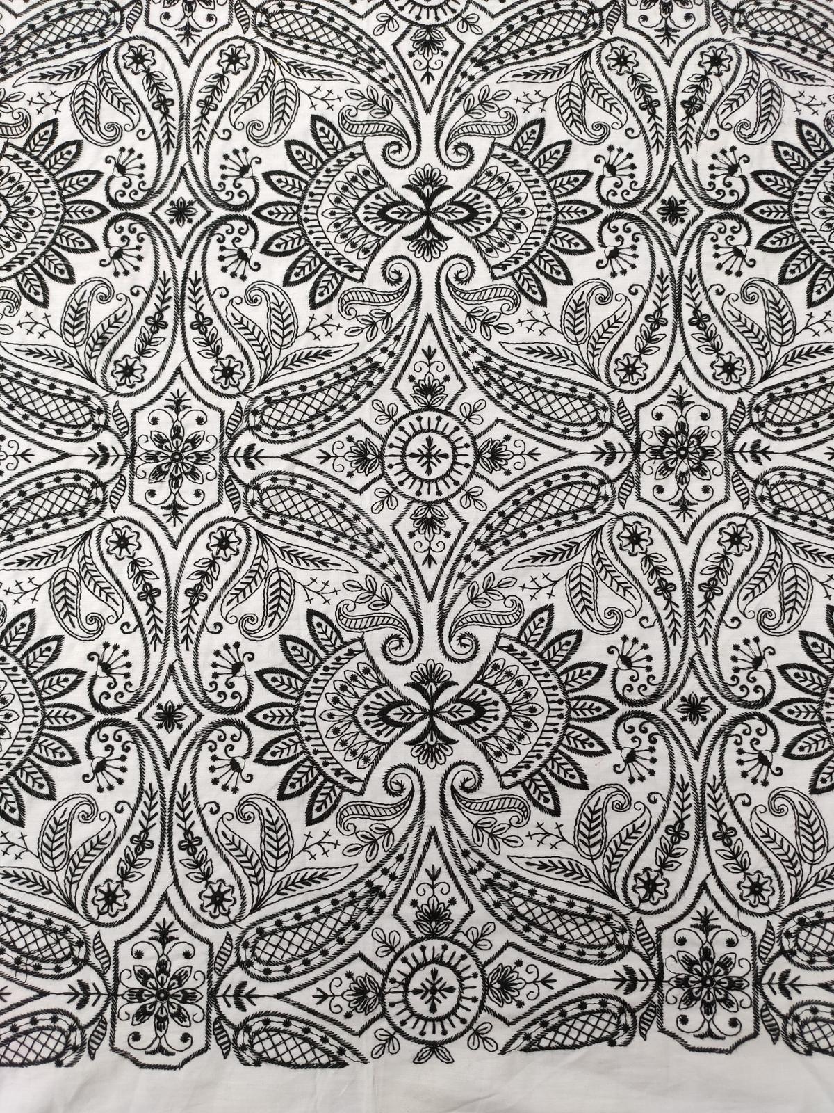 White Cotton Embroidery Fabric – Black All Over Design