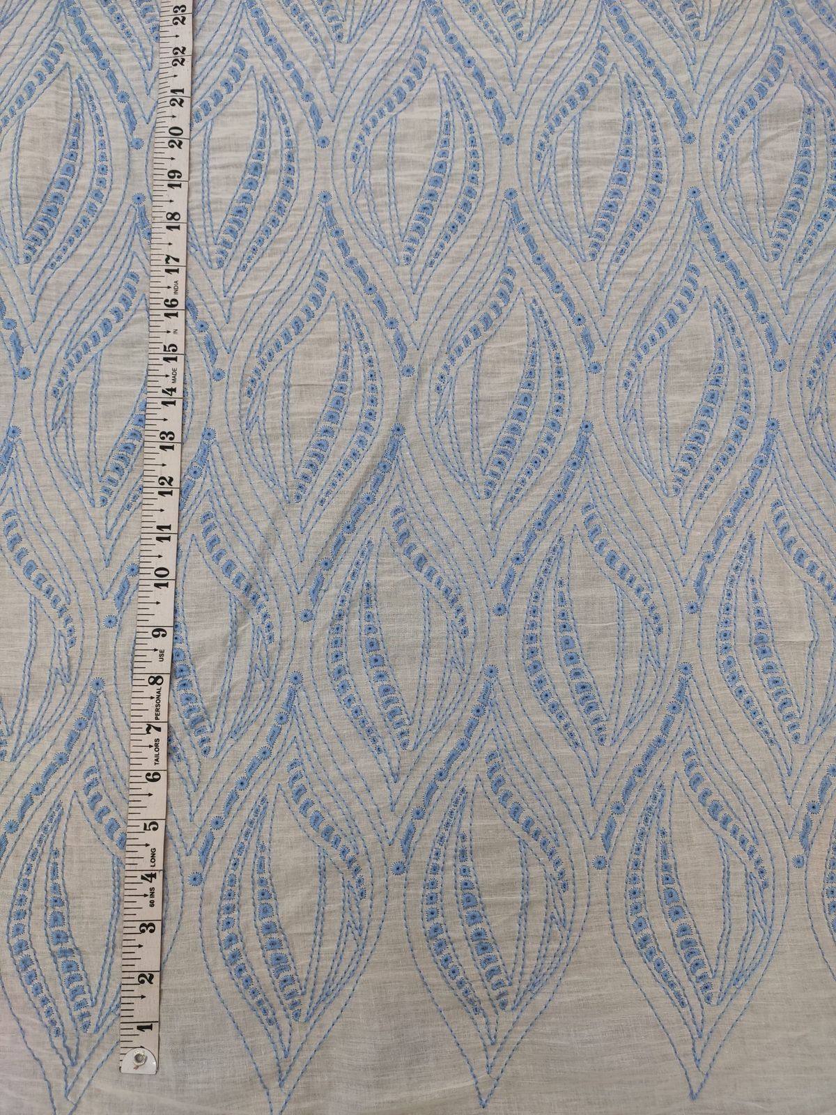 White Cotton Embroidery Fabric – Blue All Over Design