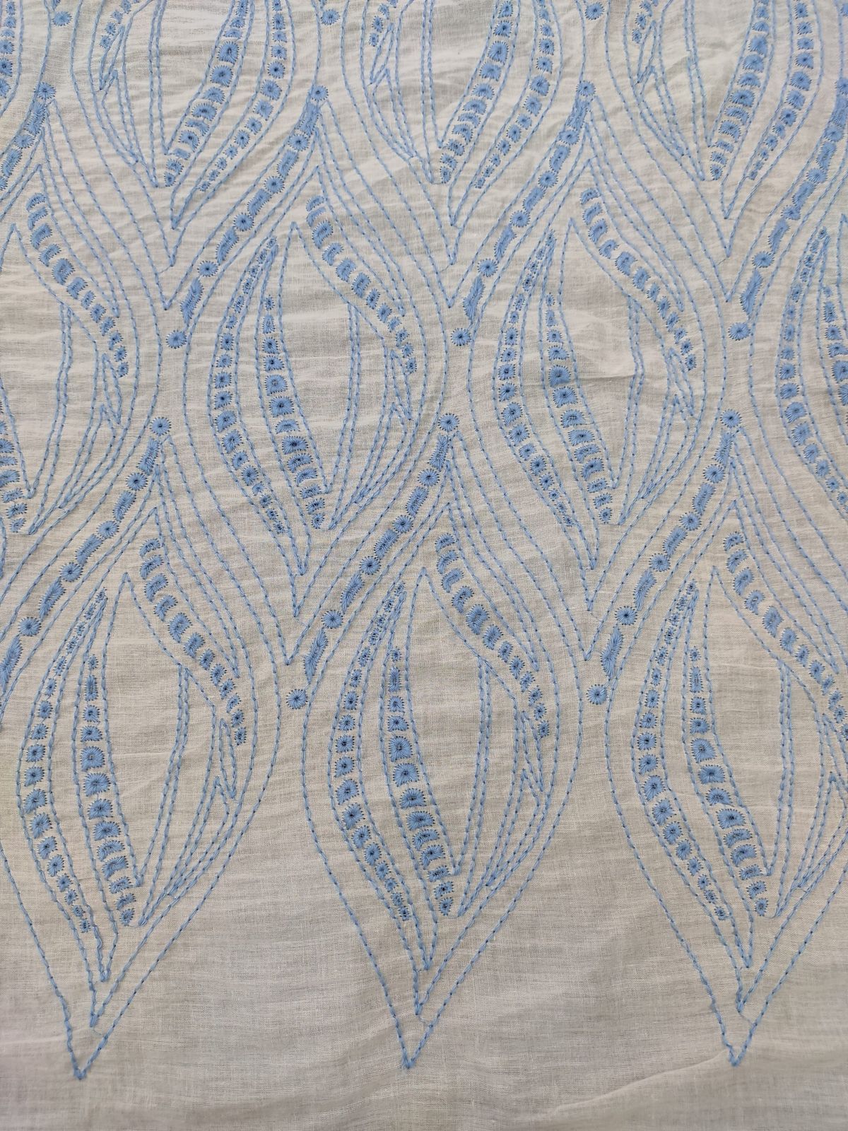 White Cotton Embroidery Fabric – Blue All Over Design