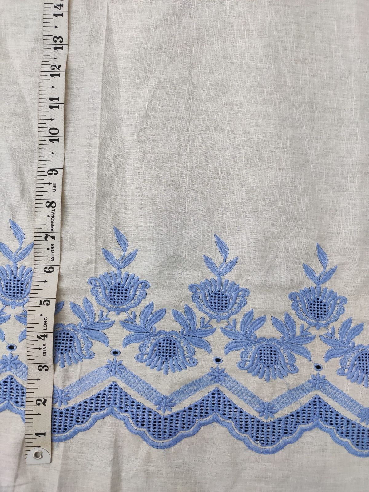 White Cotton Embroidery Fabric – Blue Thread Border Design