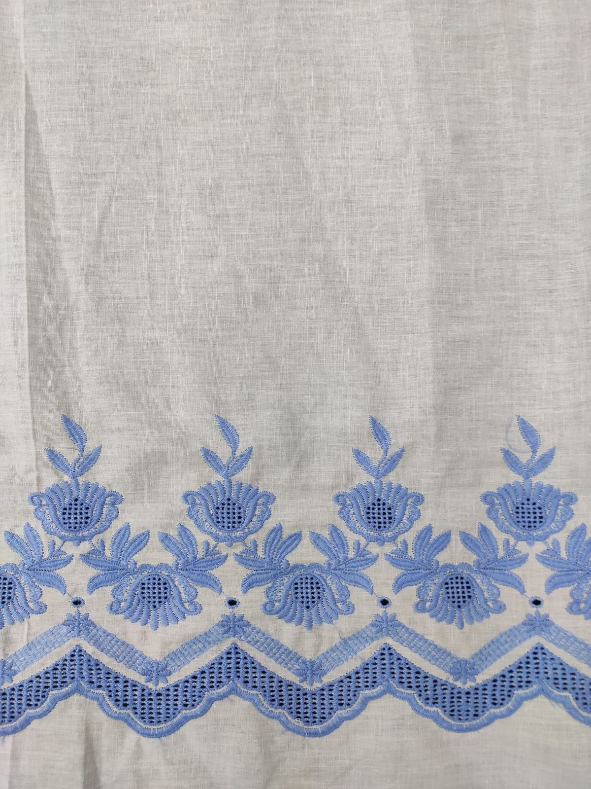 White Cotton Embroidery Fabric – Blue Thread Border Design