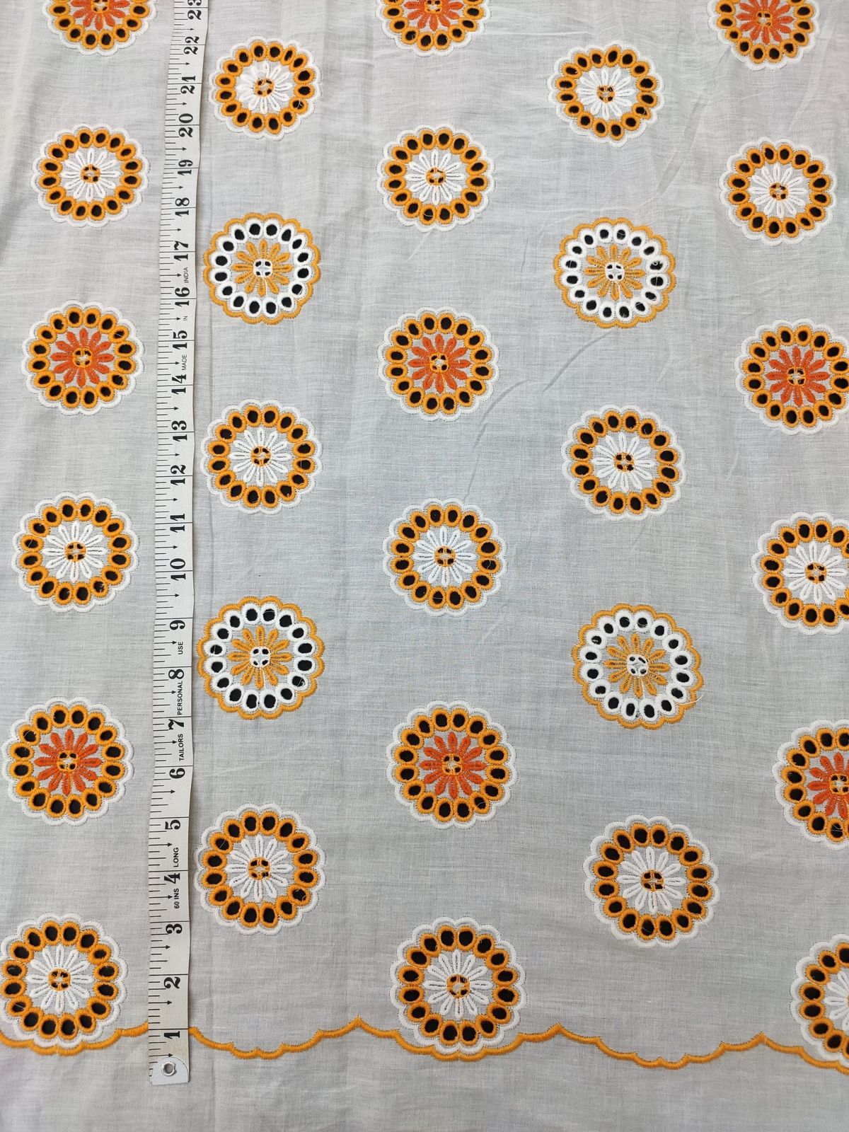 White Cotton Embroidery Fabric – Yellow Circle All Over Design