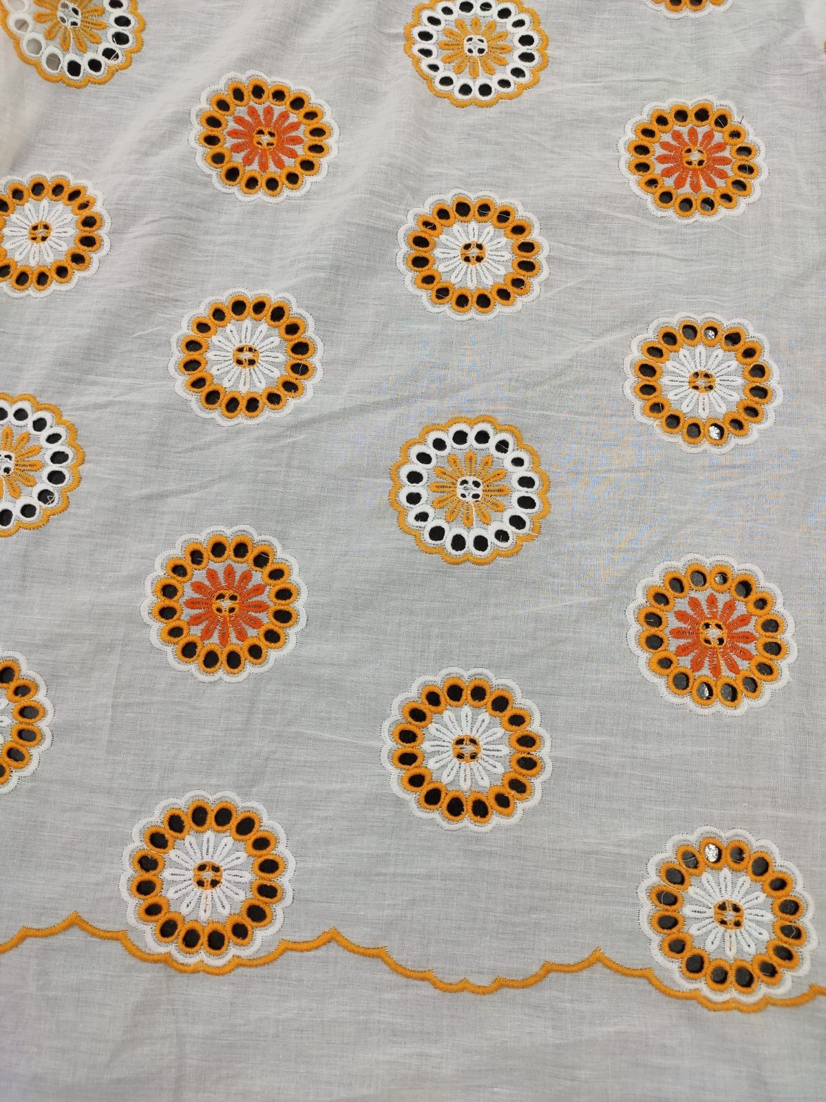 White Cotton Embroidery Fabric – Yellow Circle All Over Design